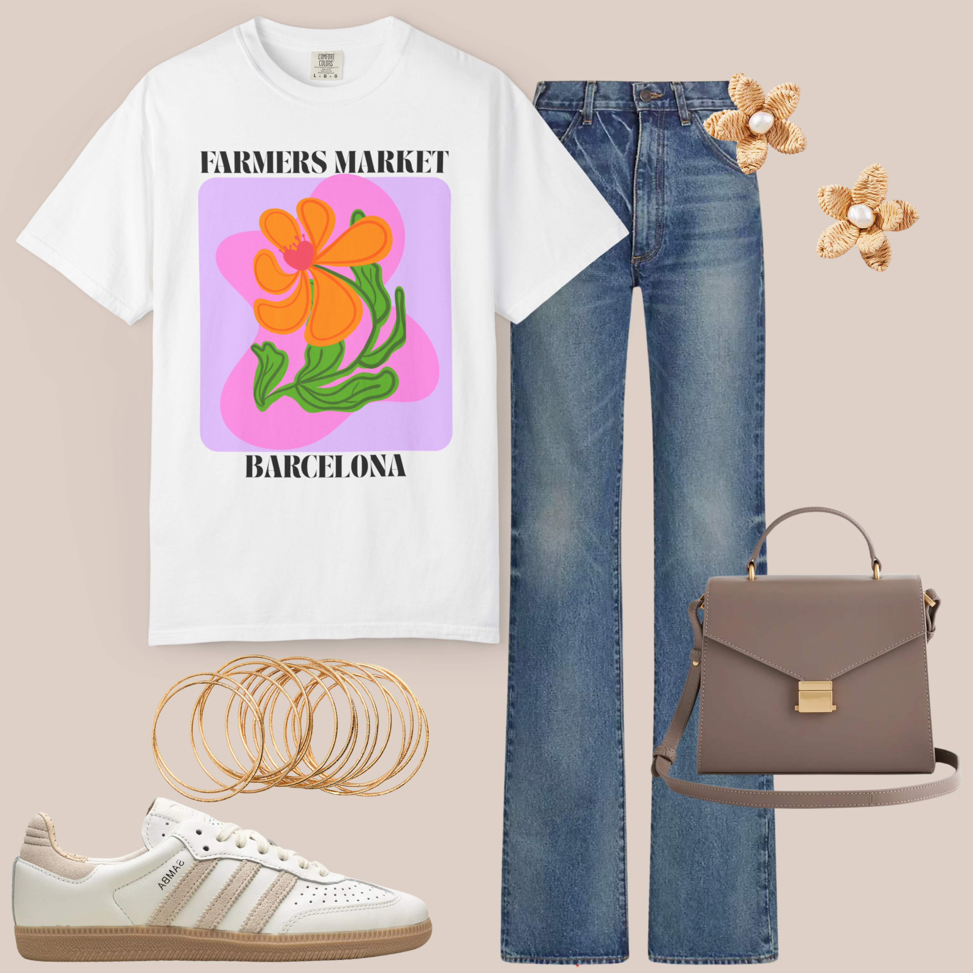 White Comfort Colors t-shirt with bold orange flower and “Farmers Market Barcelona” graphic, styled with jeans, sneakers, and floral earrings.