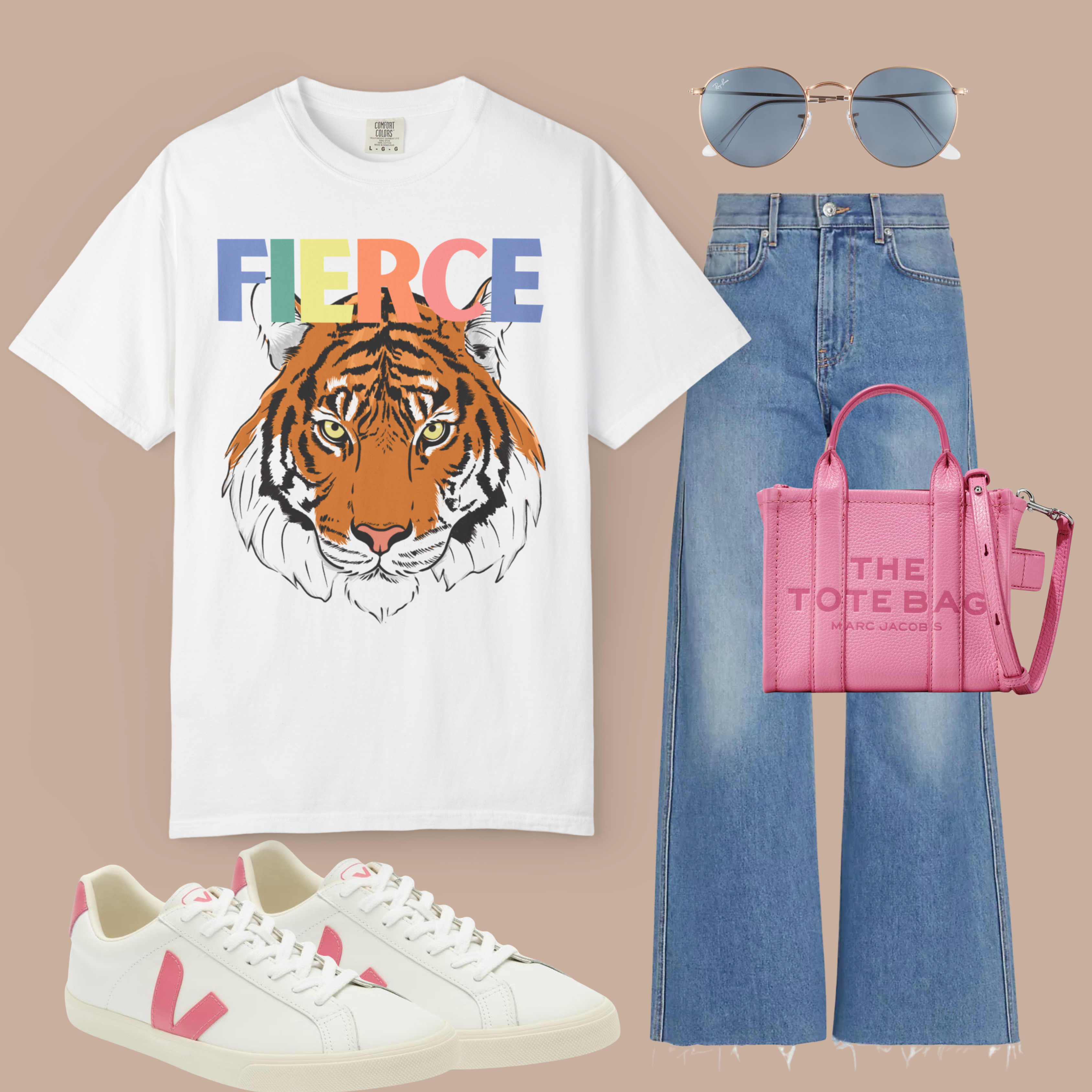 White Comfort Colors t-shirt with tiger face and rainbow “FIERCE” text, styled with wide-leg jeans, pink tote bag, pink sneakers, and sunglasses.