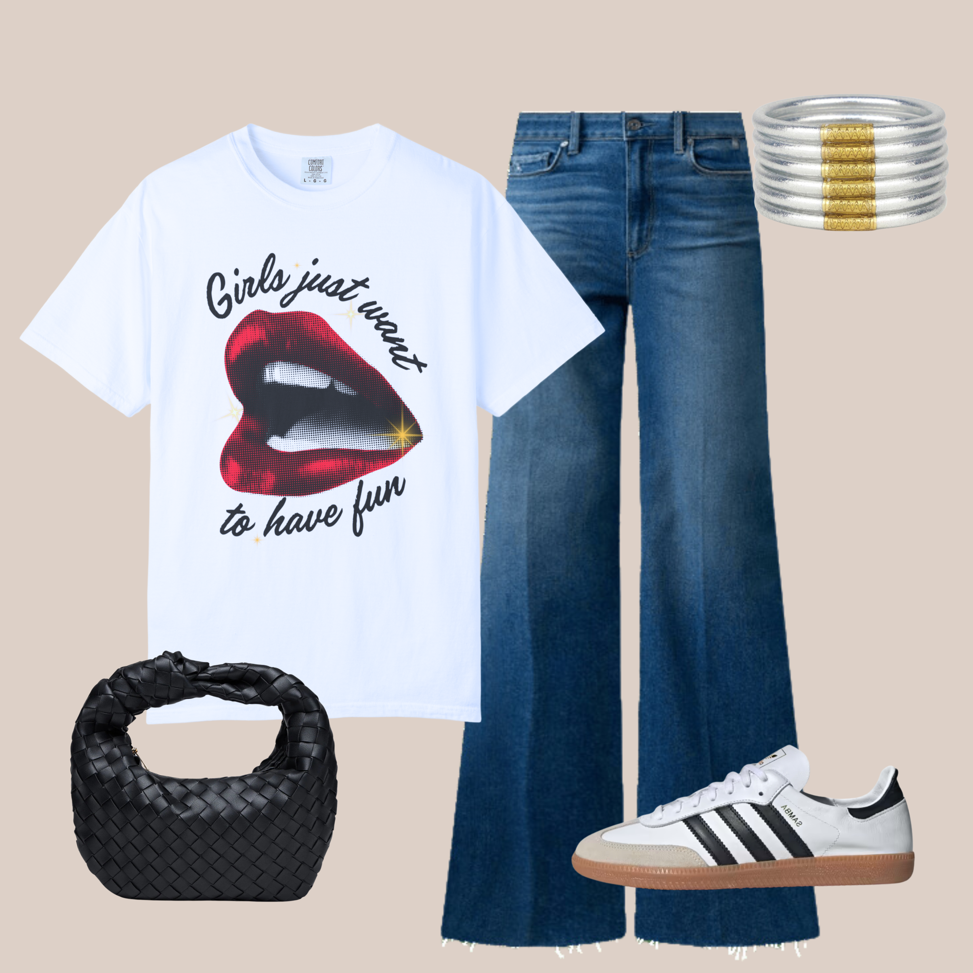White Comfort Colors tee with red lips and “Girls Just Want to Have Fun” script, styled with wide-leg jeans, black woven bag, and black-striped sneakers.