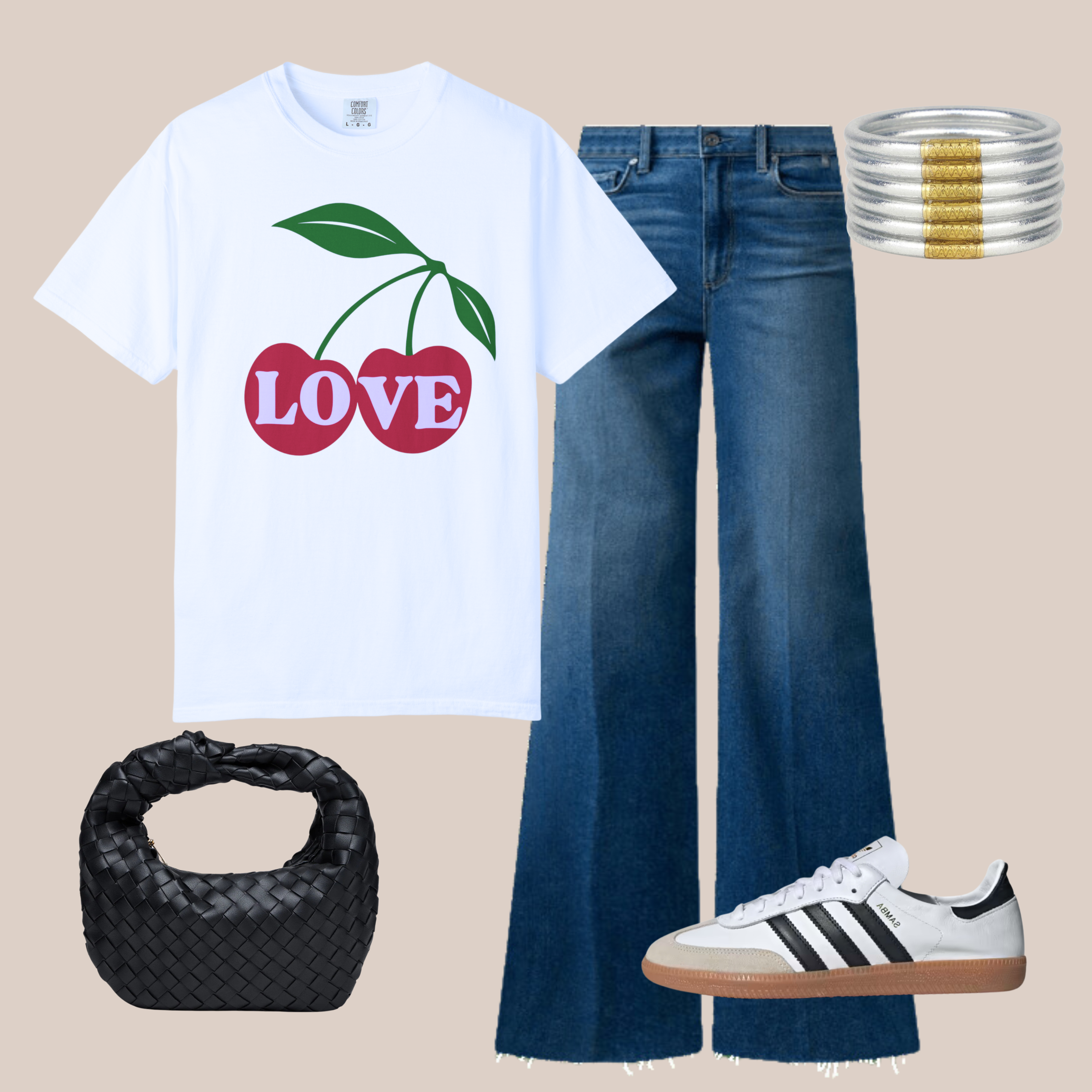 White Comfort Colors t-shirt with red cherry and “LOVE” text graphic, styled with wide-leg denim jeans, black sneakers, and a black woven handbag.