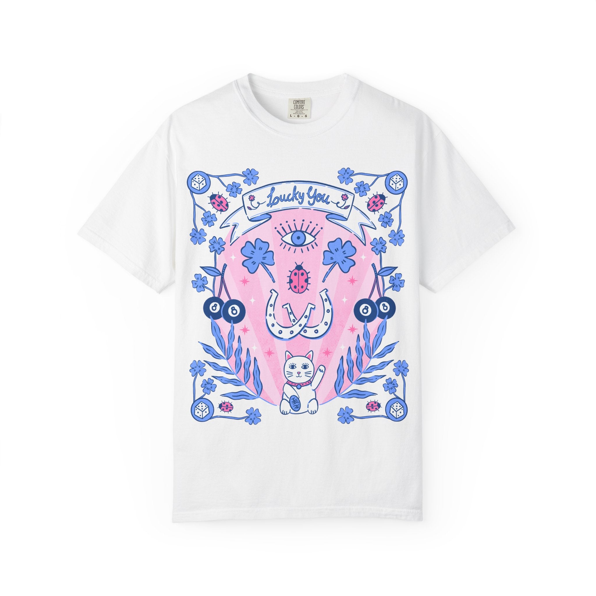Lucky You graphic t-shirt with pink and blue good luck symbols including four-leaf clovers, horseshoes, lucky cat, dice, and an evil eye.