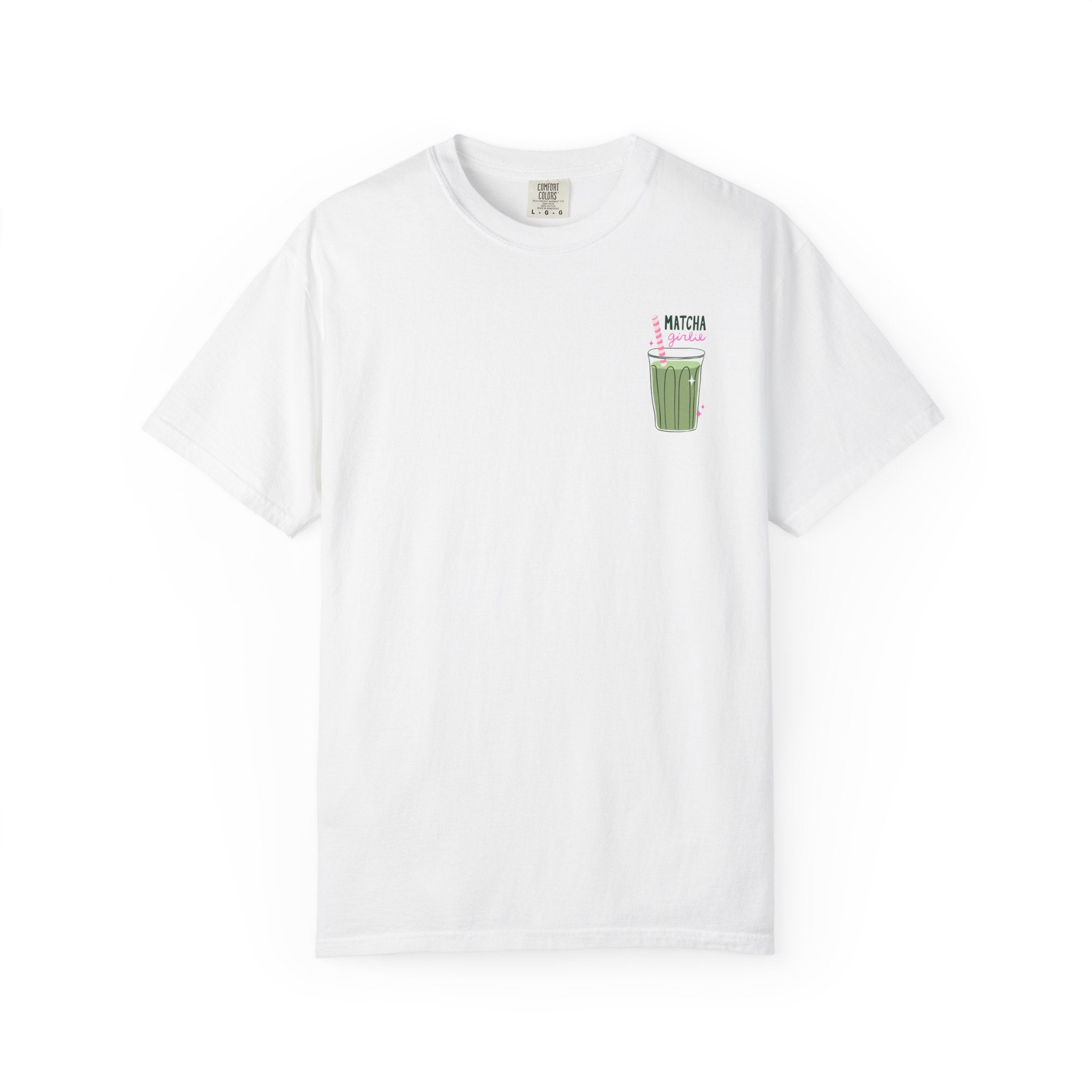 Matcha Girlie graphic t-shirt with small front and large back design featuring a cute matcha latte cup and pink striped straw on white Comfort Colors tee.