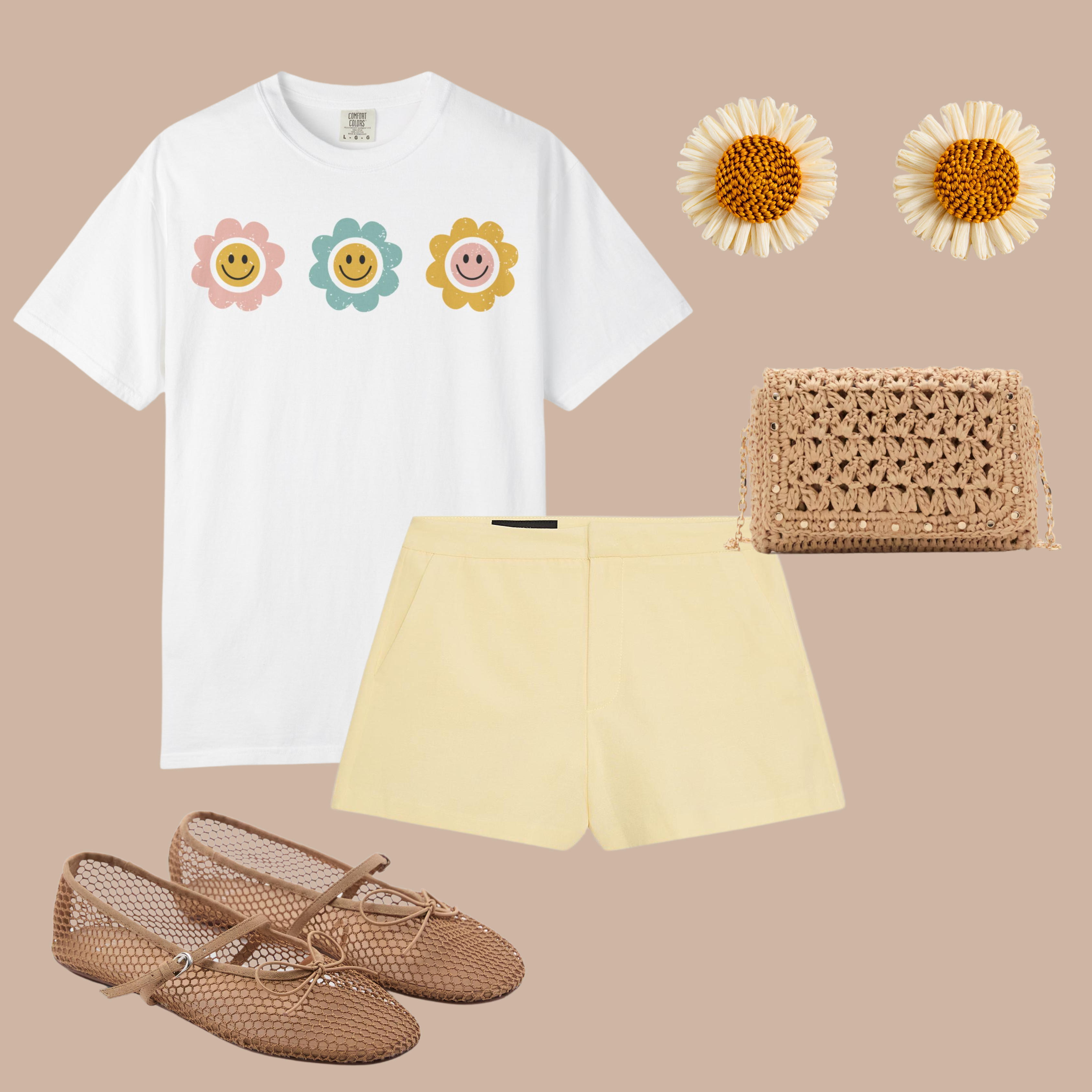 White tee with three retro flower smiley face graphics in pastel pink, teal, and yellow. Styled with yellow shorts, net flats, straw bag, and daisy earrings.