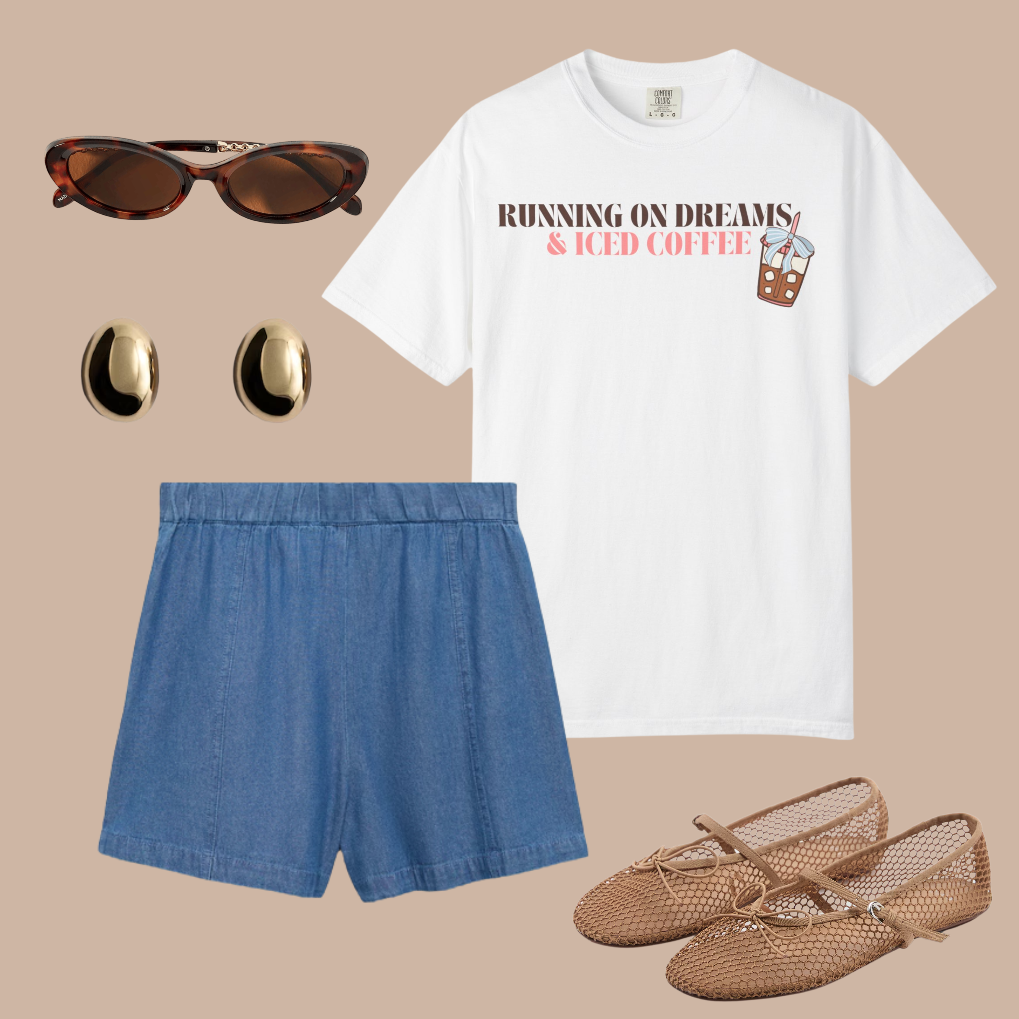 White Comfort Colors tee with “Running on Dreams & Iced Coffee” text and coffee cup graphic, styled with chambray shorts, woven flats, and sunglasses.