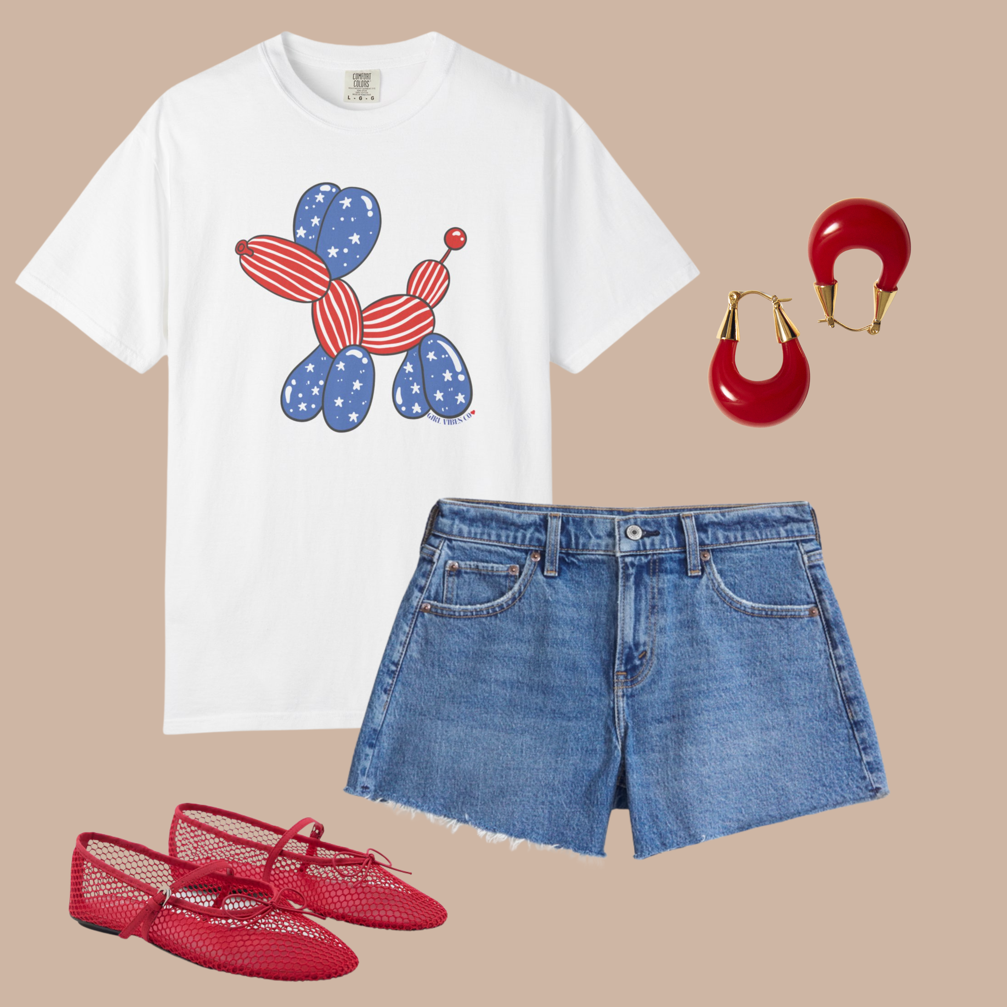 White Comfort Colors tee with red, white, and blue balloon dog graphic, styled with denim shorts, red flats, and statement earrings for a patriotic summer look.