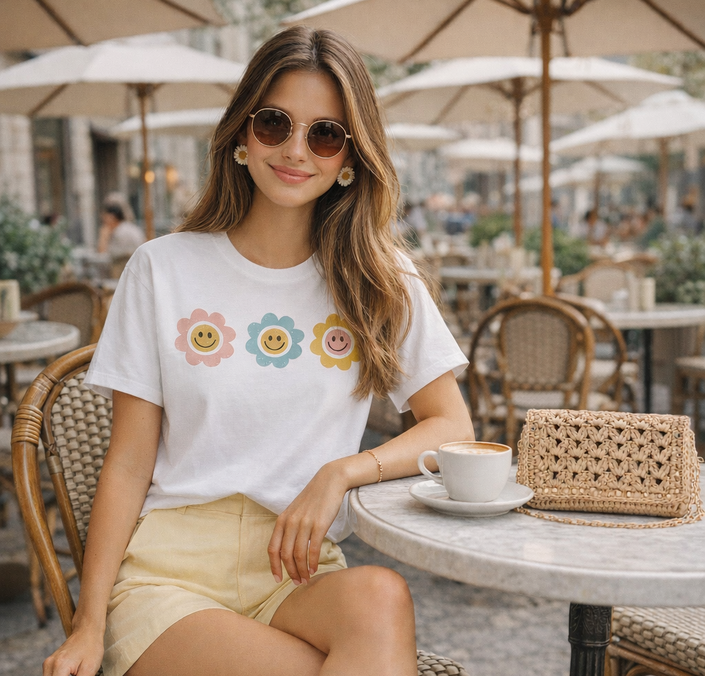 Woman sitting at an outdoor cafe table with a floral design t-shirt and sunglasses.