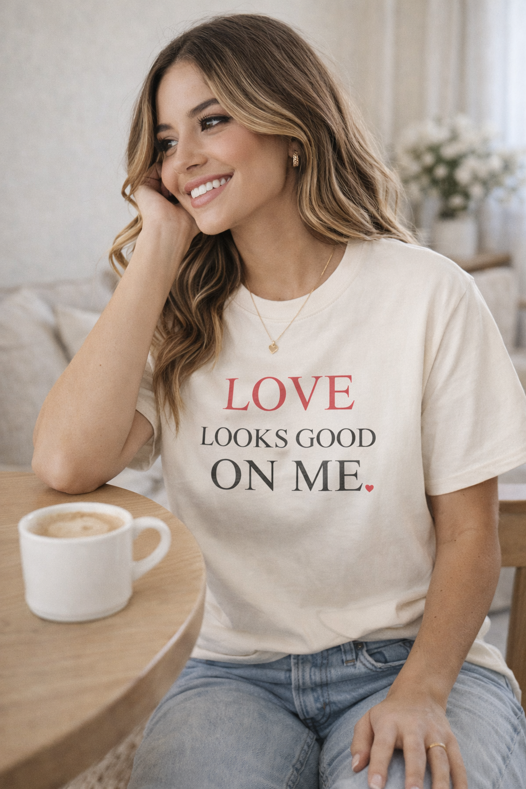 Woman wearing a t-shirt with 'Love looks good on me' text, sitting by a table with a cup of coffee.