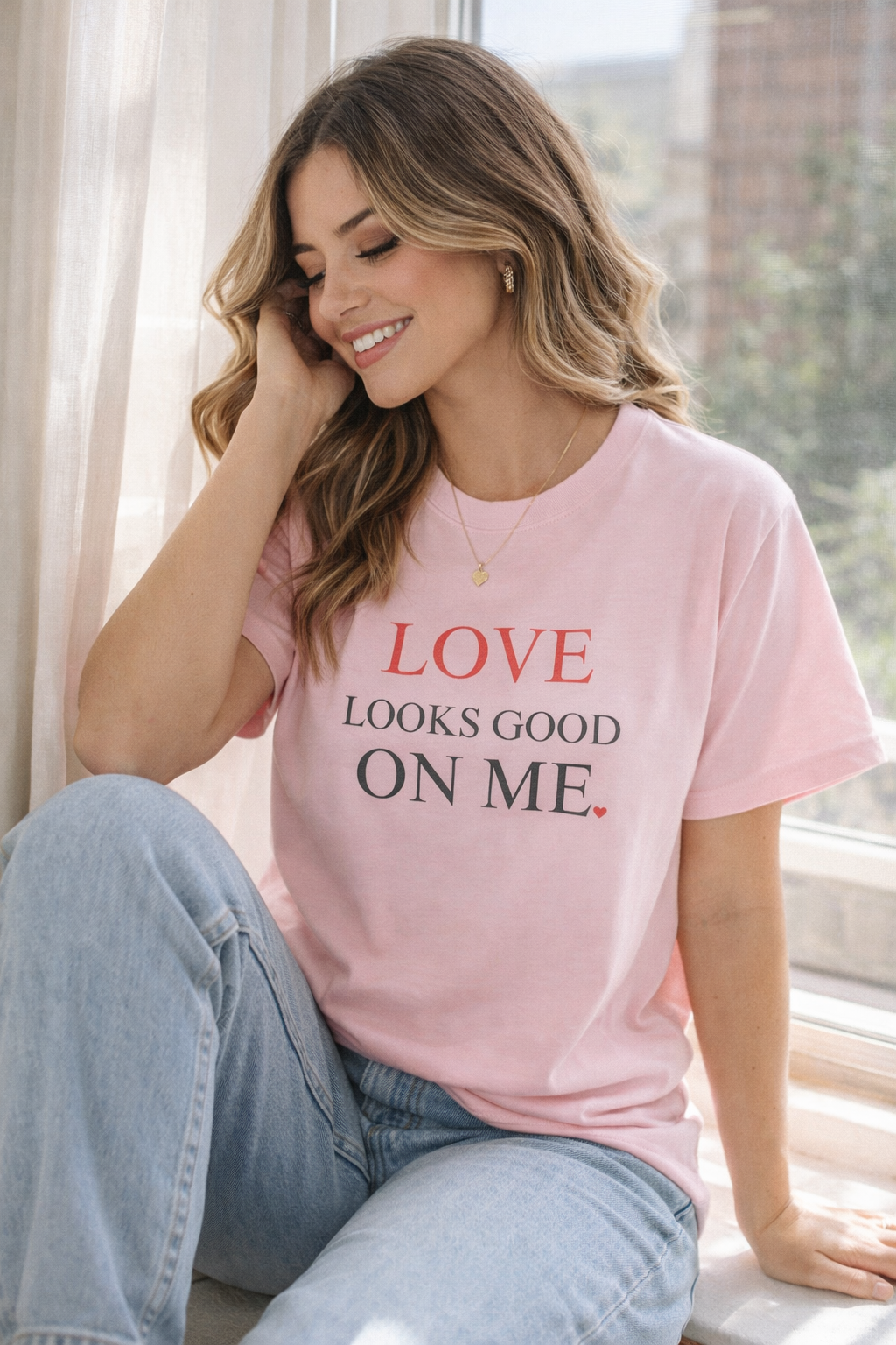 Woman wearing a pink t-shirt with 'LOVE LOOKS GOOD ON ME' text, sitting by a window.