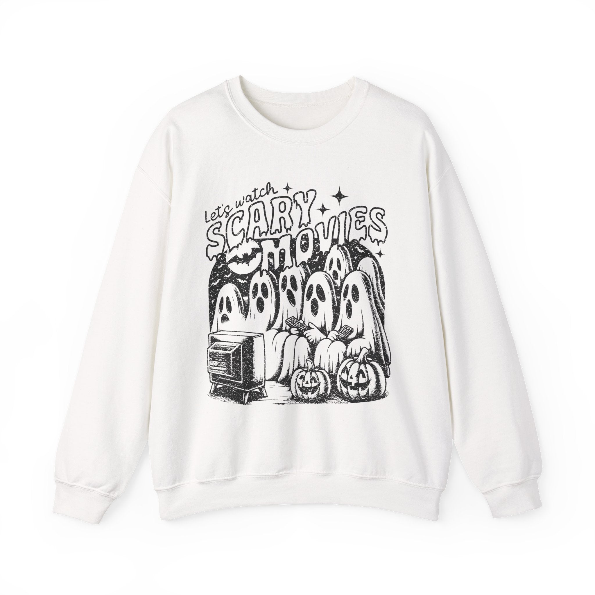 White sweatshirt with Halloween-themed graphic and text on a white background