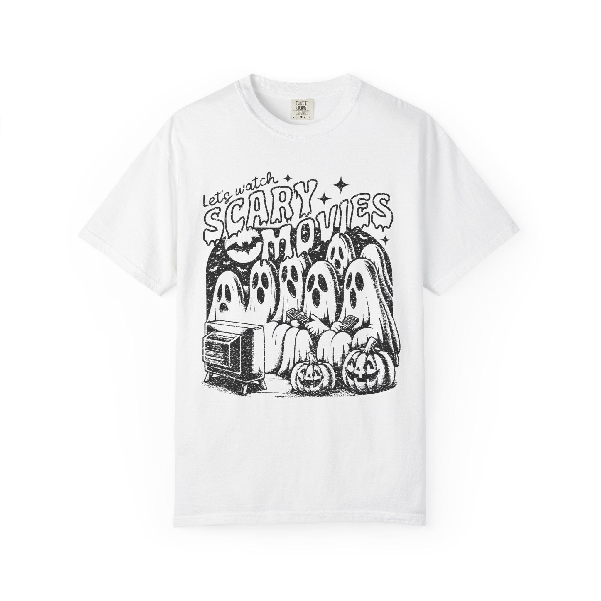 White t-shirt with black Halloween-themed graphic and text on a white background