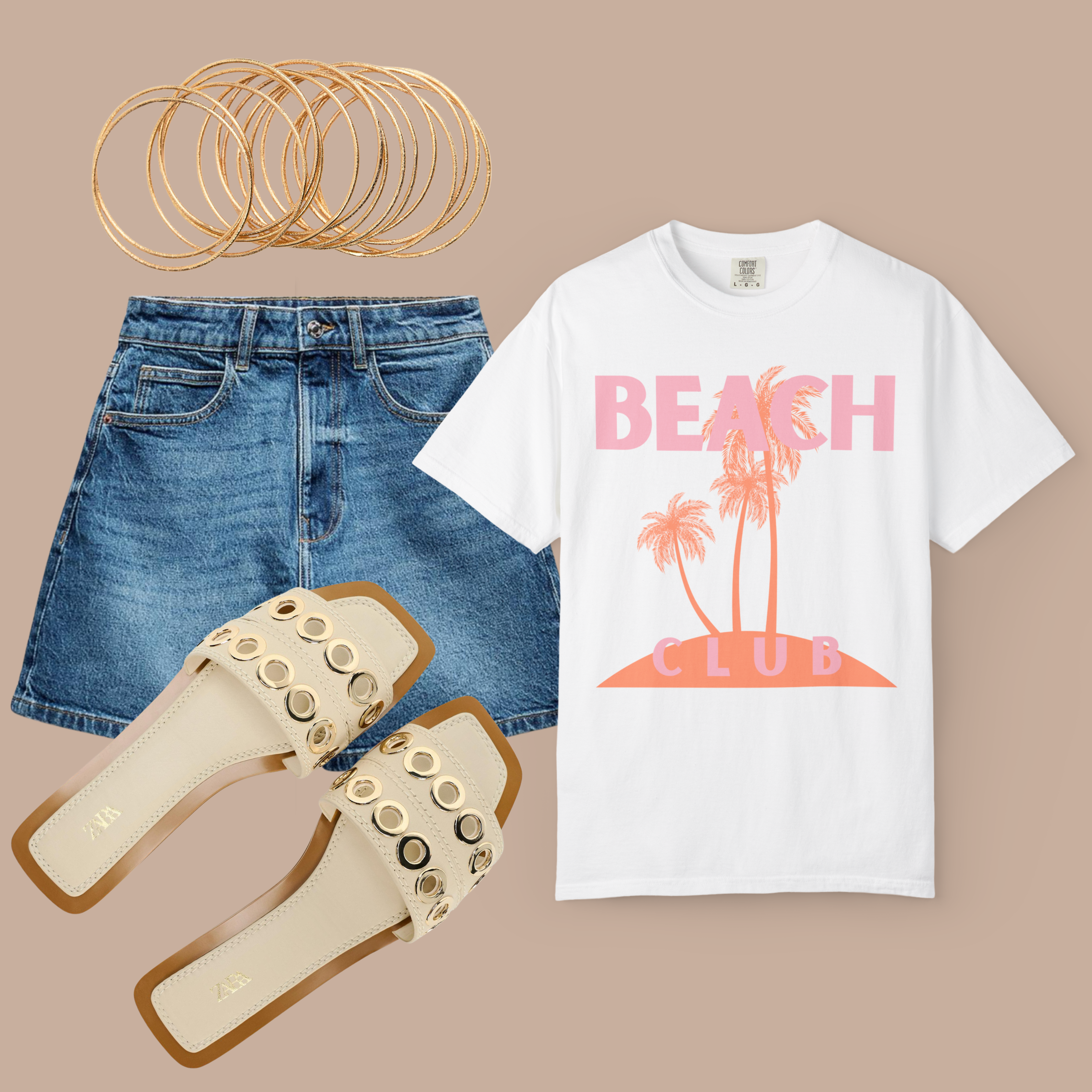 White Comfort Colors t-shirt with pink “Beach Club” graphic and palm trees, styled with a denim mini skirt, gold sandals, and bangle bracelets.