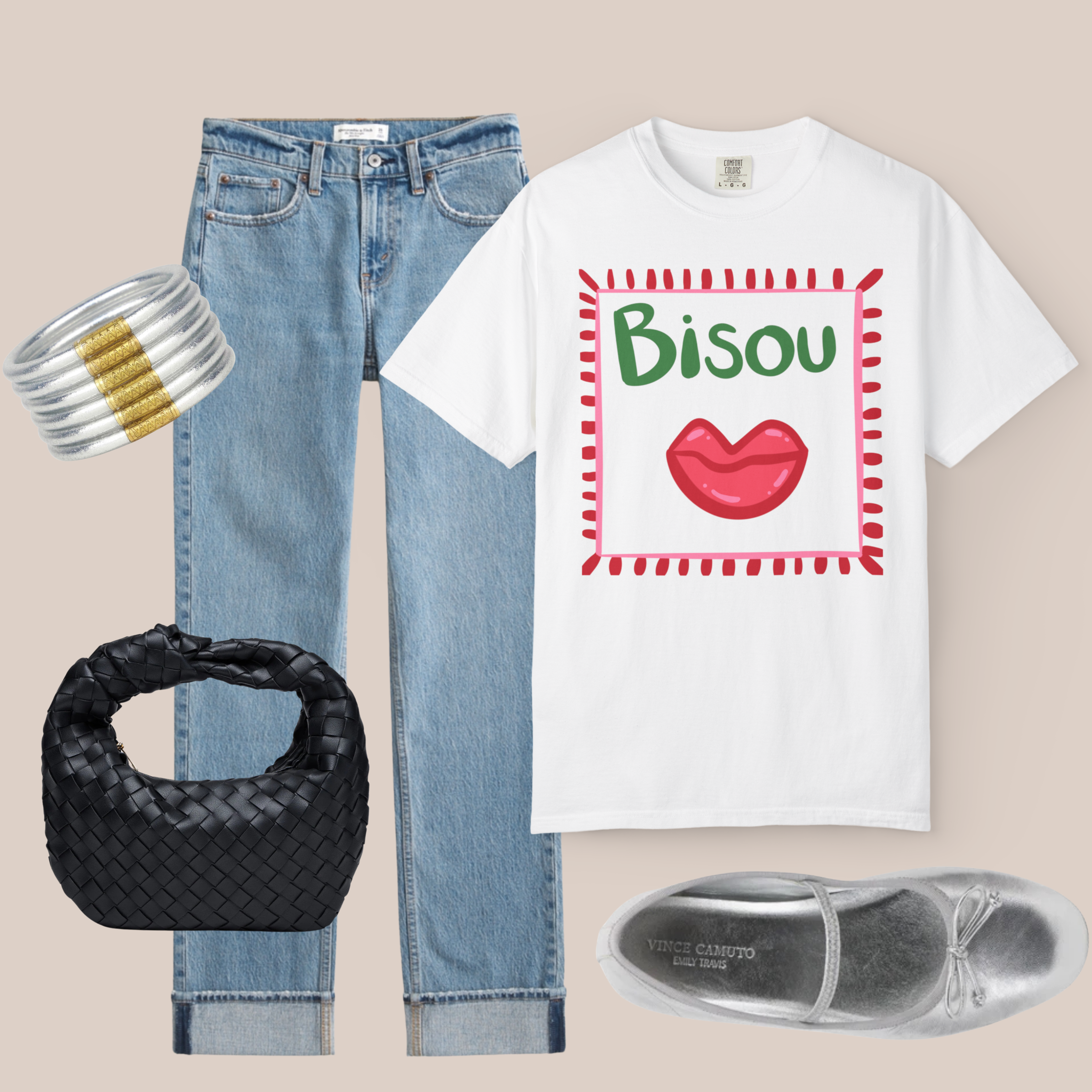 White Comfort Colors Bisou Bisou graphic tee with red lips design and green text