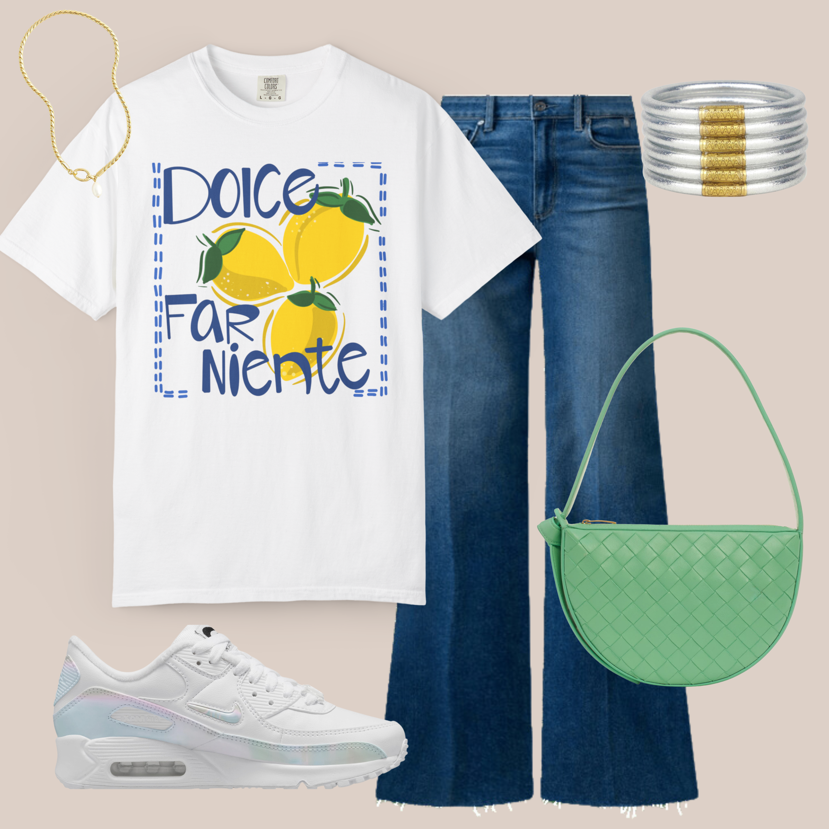 White Comfort Colors t-shirt with yellow lemons and blue “Dolce Far Niente” text, styled with wide-leg jeans, white sneakers, and a green purse.