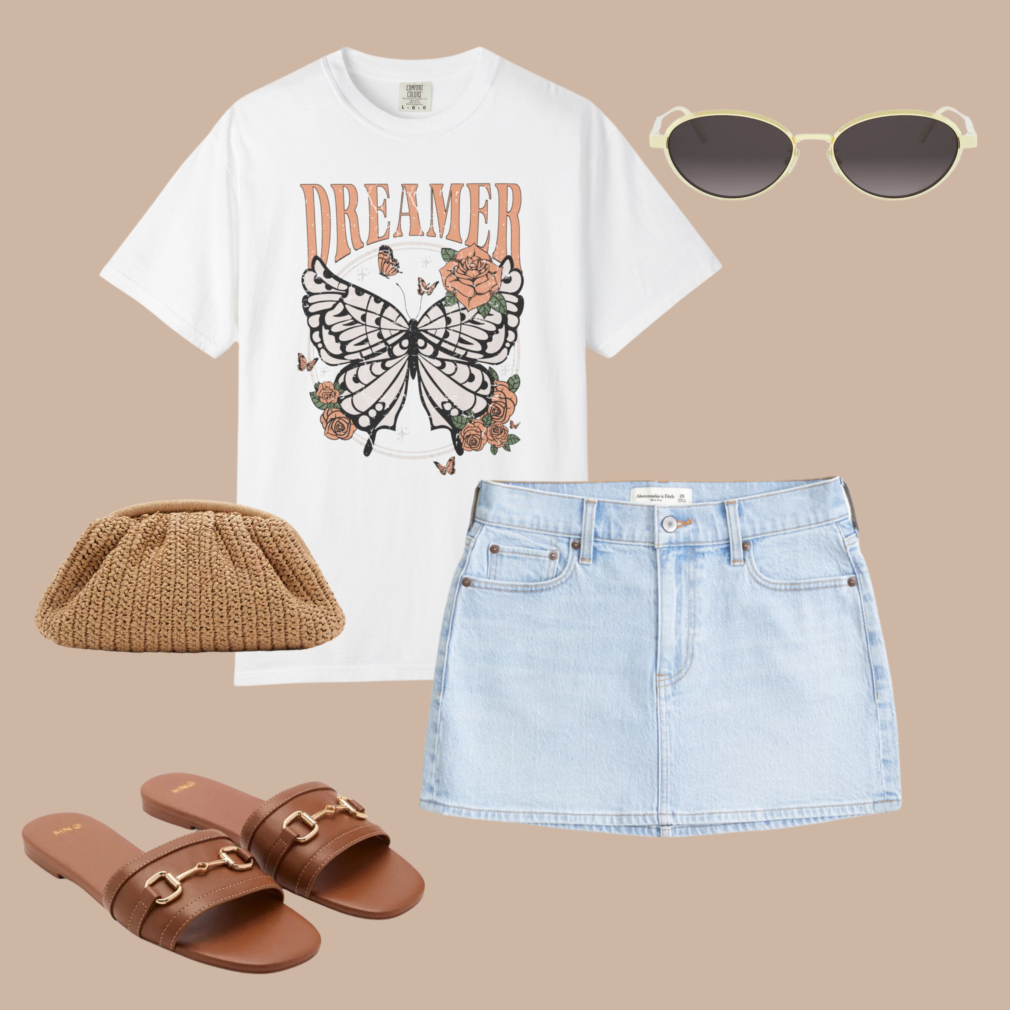 White Comfort Colors t-shirt with butterfly and rose "Dreamer" design, styled with light wash denim mini skirt, brown sandals, sunglasses, and straw clutch.