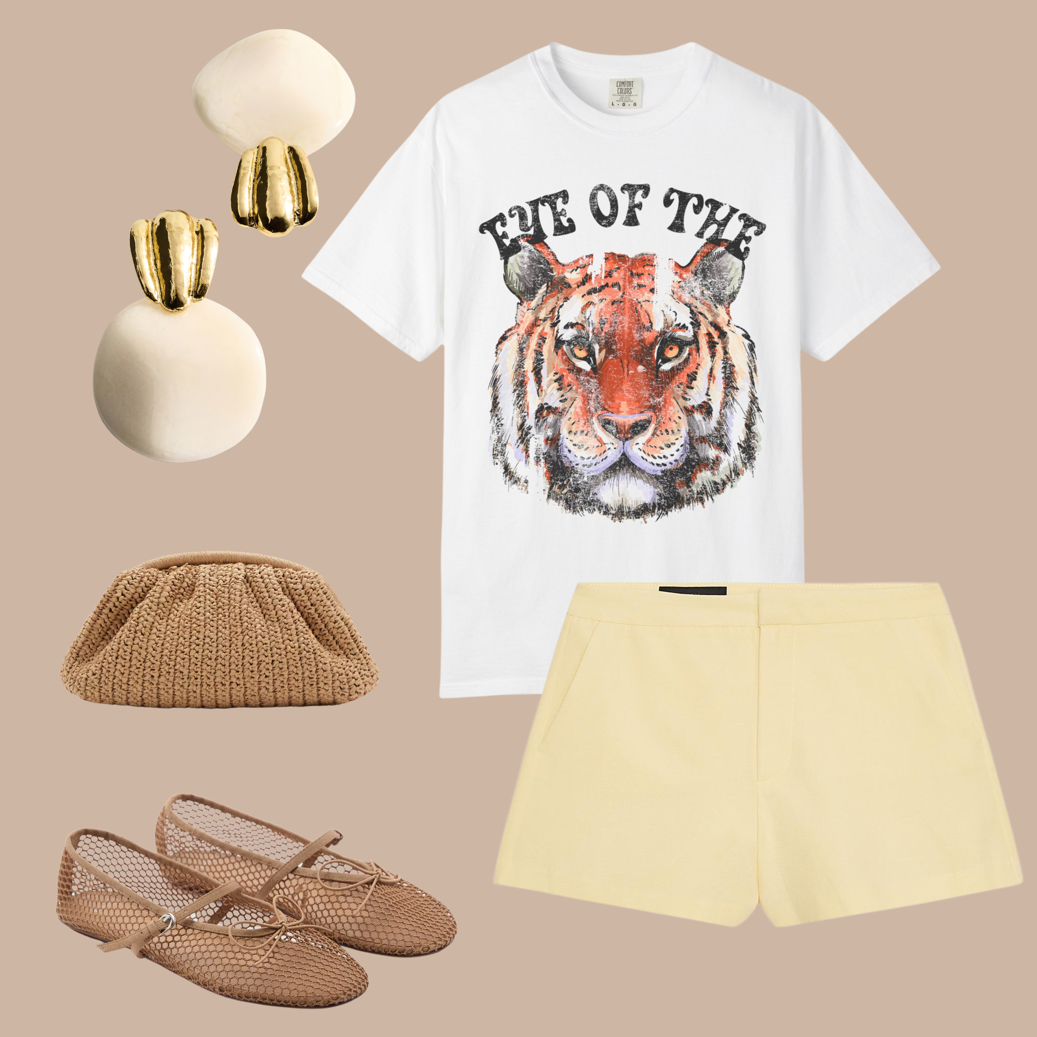 Comfort Colors white t-shirt with bold "Eye of the Tiger" graphic, styled with yellow tailored shorts, woven clutch, statement earrings, and neutral mesh flats.