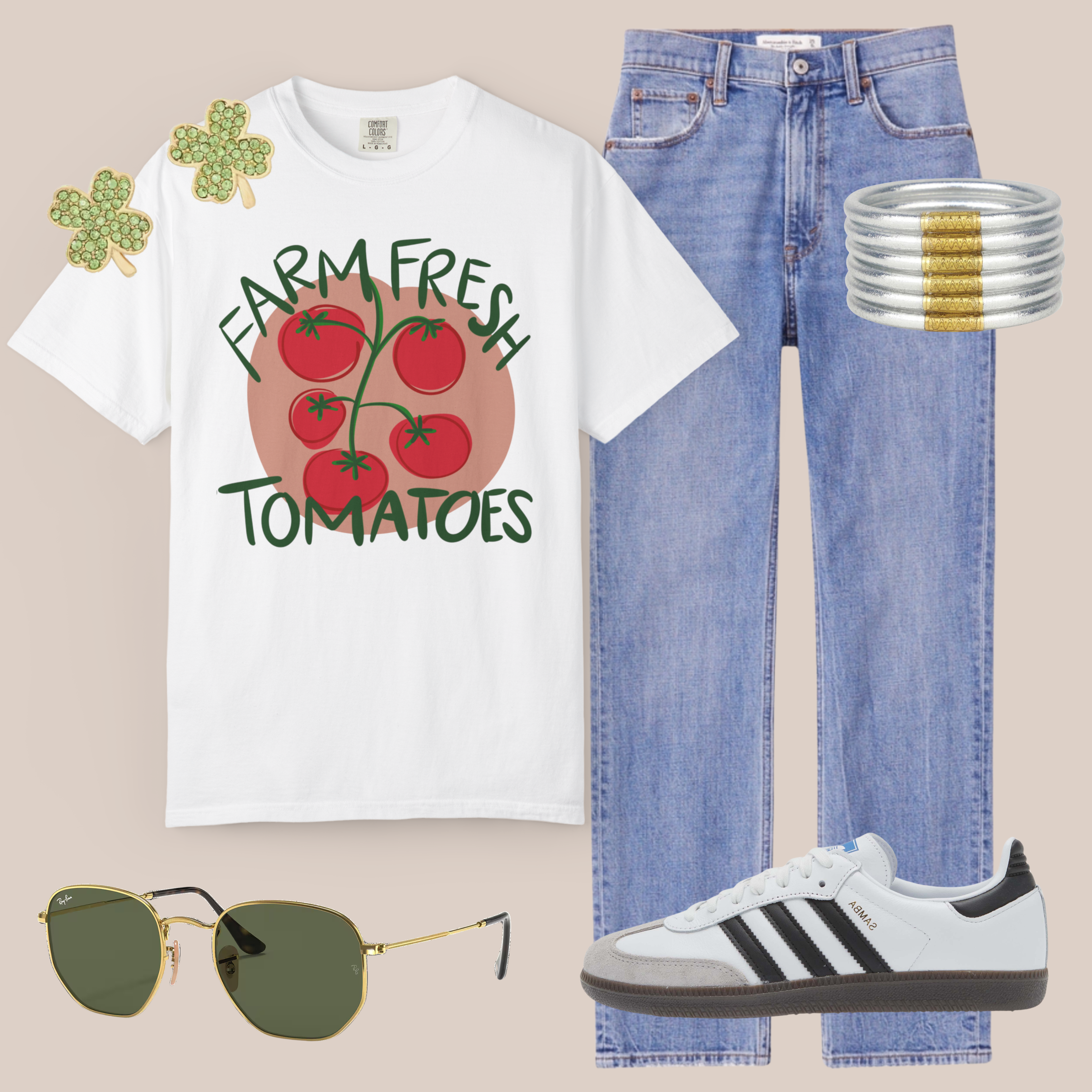 White Comfort Colors tee with red tomato cluster and “Farm Fresh Tomatoes” text, styled with light-wash jeans, clover earrings, and white sneakers.