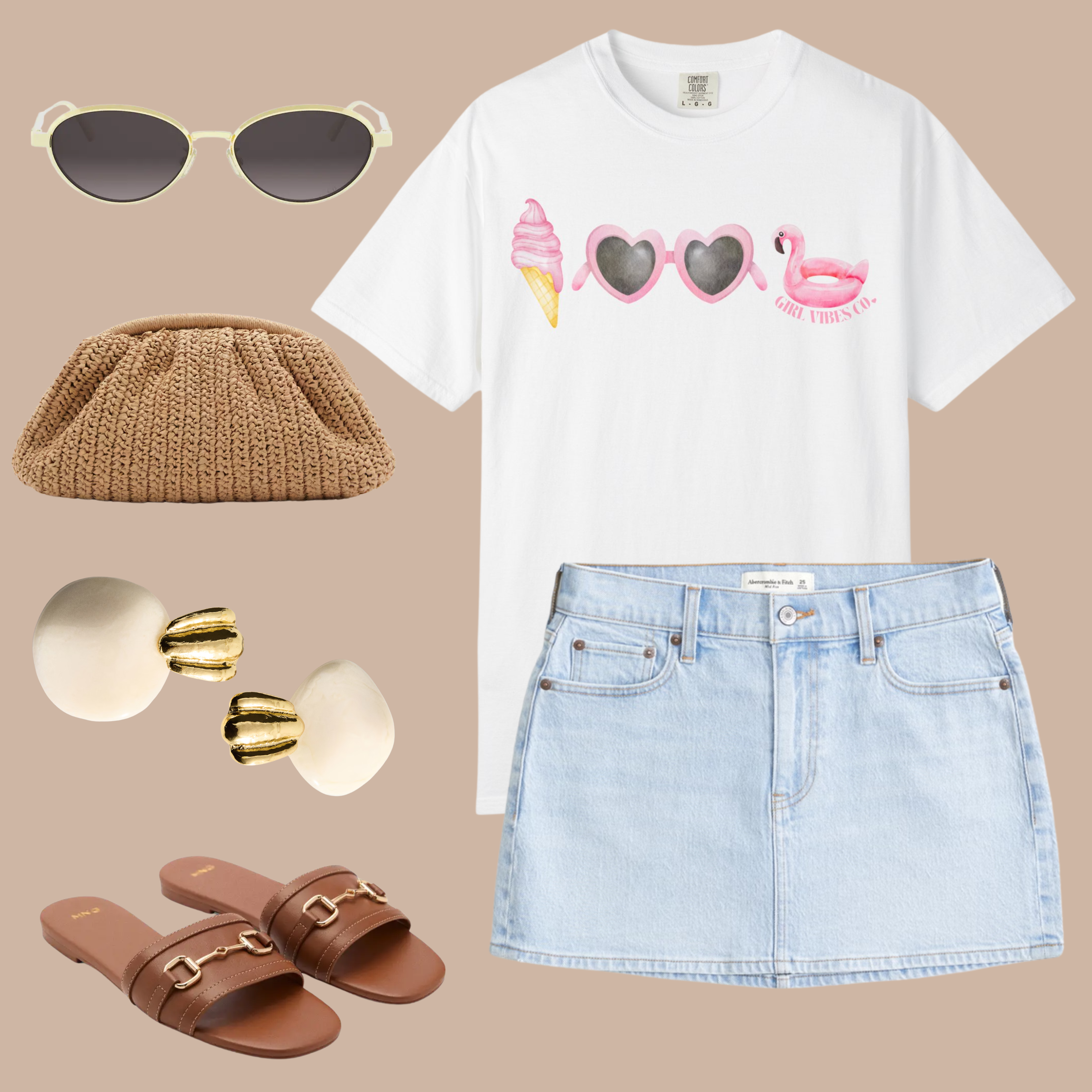 White Comfort Colors tee with pink ice cream cone, heart sunglasses, and flamingo floatie graphic, styled with a light denim mini skirt and brown sandals.