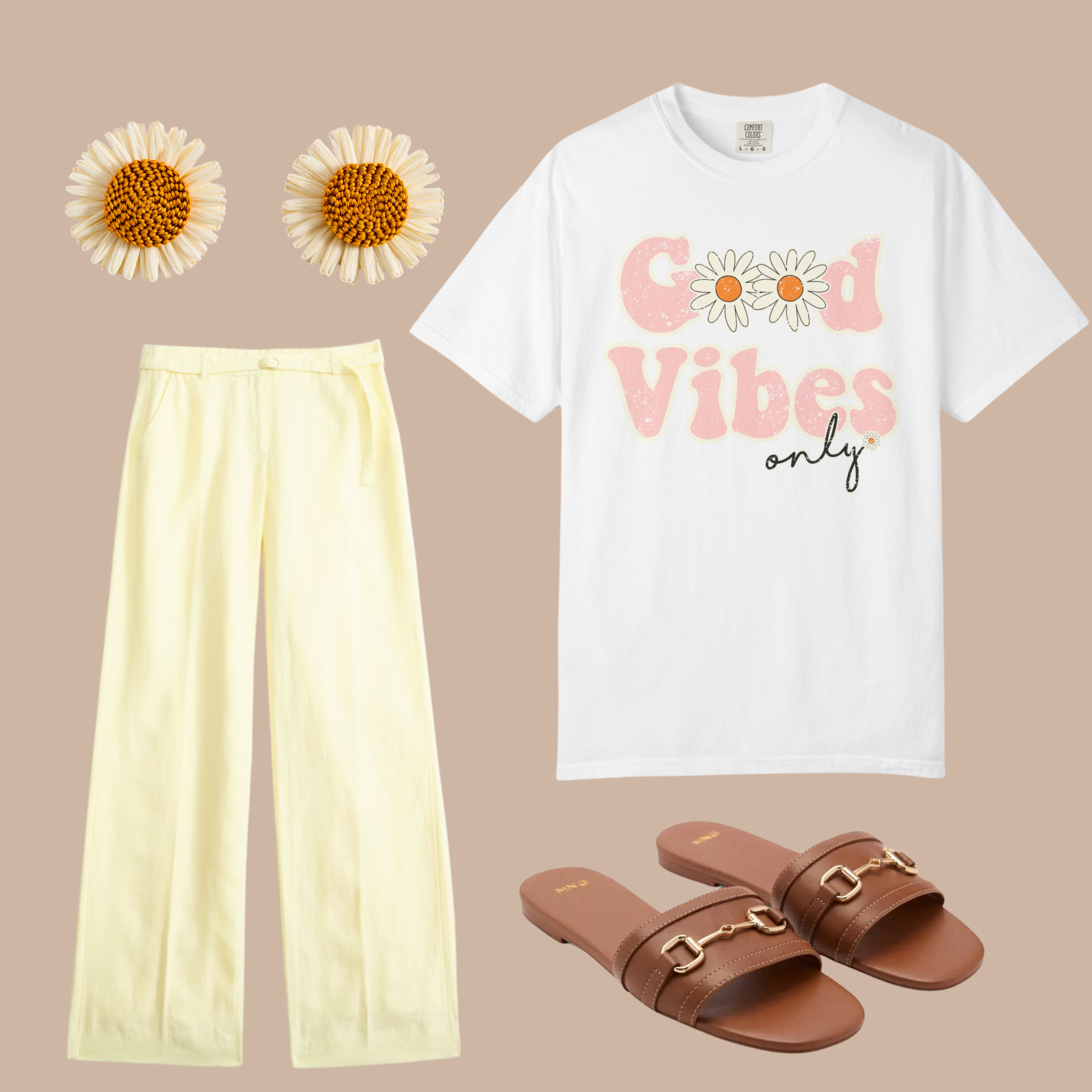White t-shirt with “Good Vibes Only” pink daisy graphic, styled with yellow linen pants, brown slides, and daisy earrings.