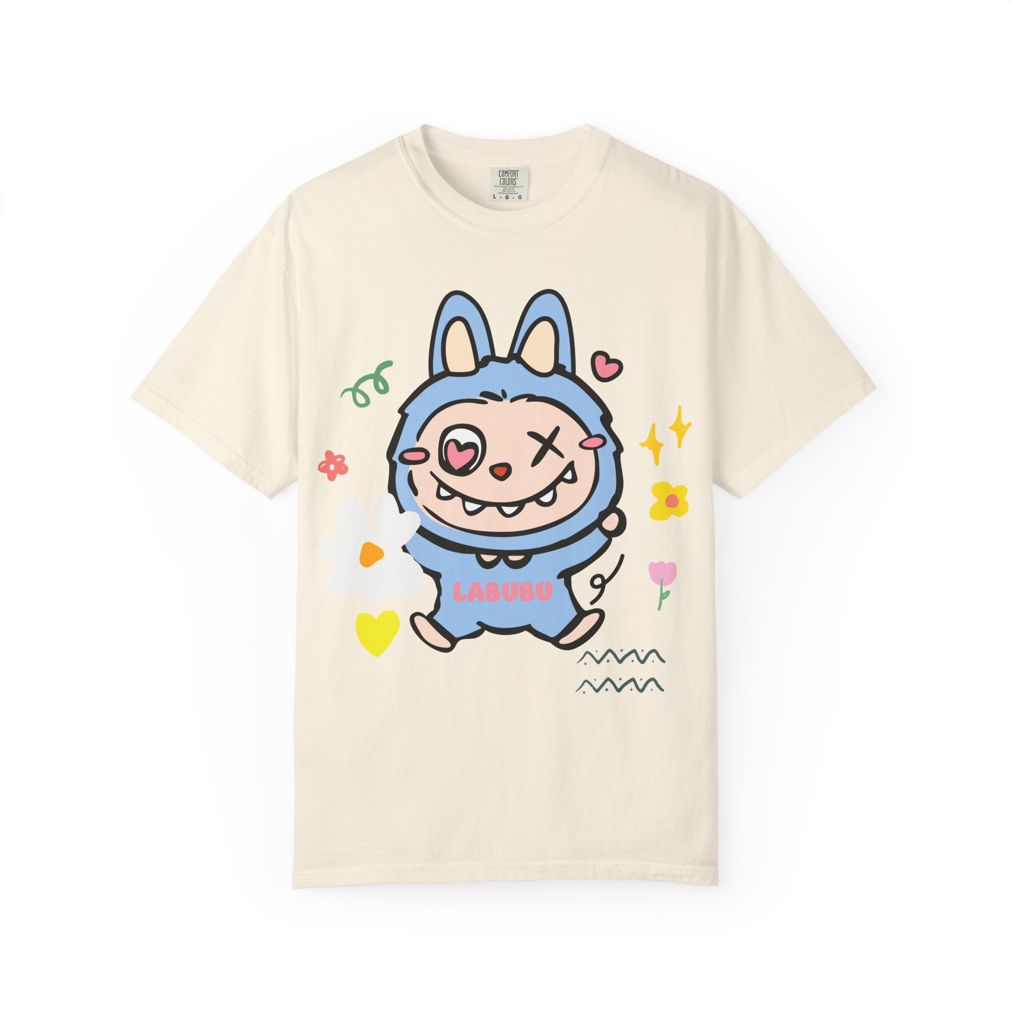 Labubu Character graphic t-shirt with cute cartoon bunny in blue hoodie and colorful hearts, flowers, and sparkles on ivory Comfort Colors tee.