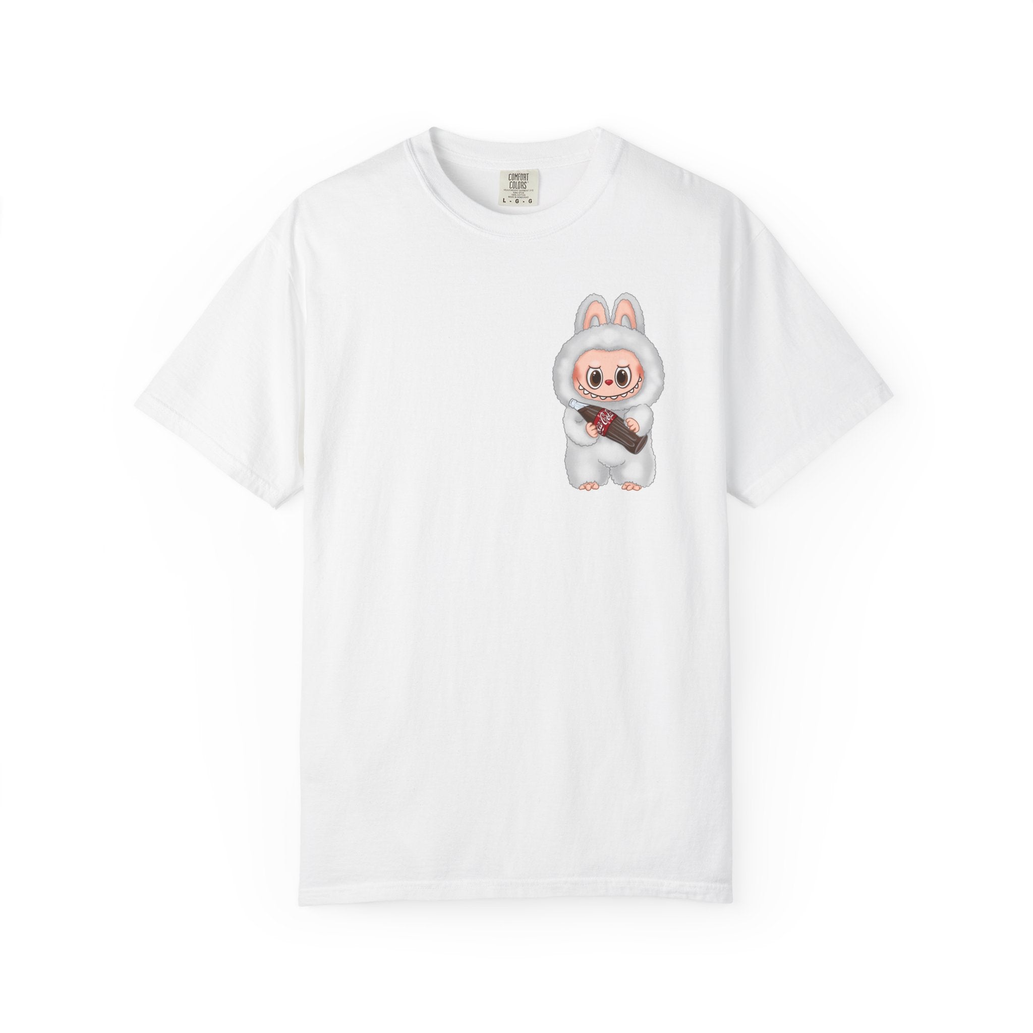 Labubu Soda Bottle graphic t-shirt with small cartoon bunny character in white suit holding soda bottle on white Comfort Colors tee.