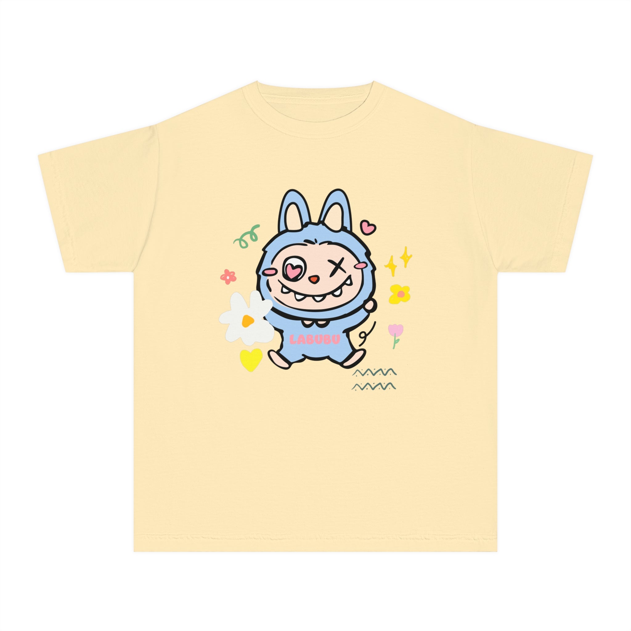Labubu Youth graphic t-shirt in butter yellow with cute cartoon bunny, hearts, flowers, and playful doodles on Comfort Colors kids tee.