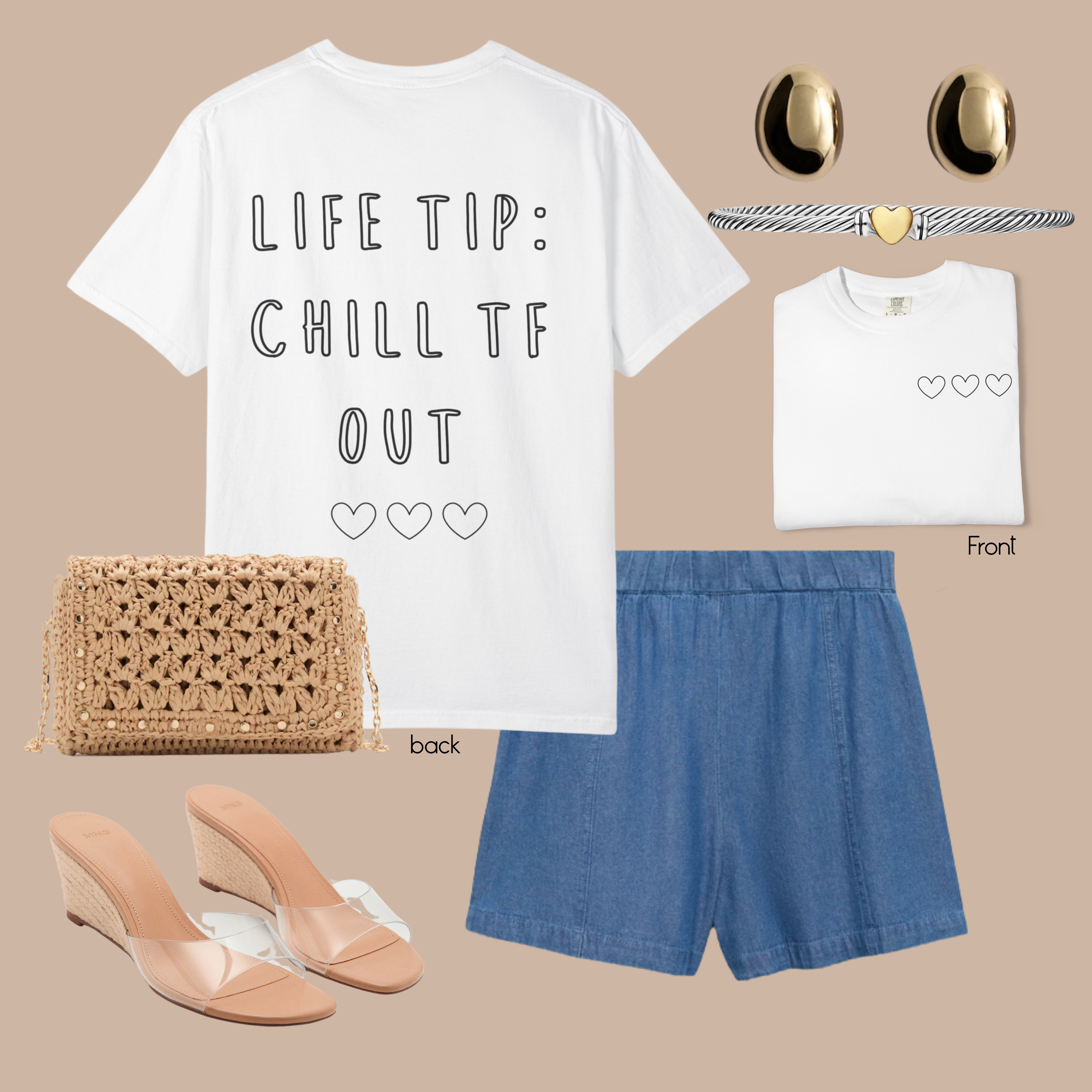 White Comfort Colors t-shirt with small triple heart chest print and large back text reading “Life Tip: Chill TF Out,” styled with chambray shorts and wedges.

