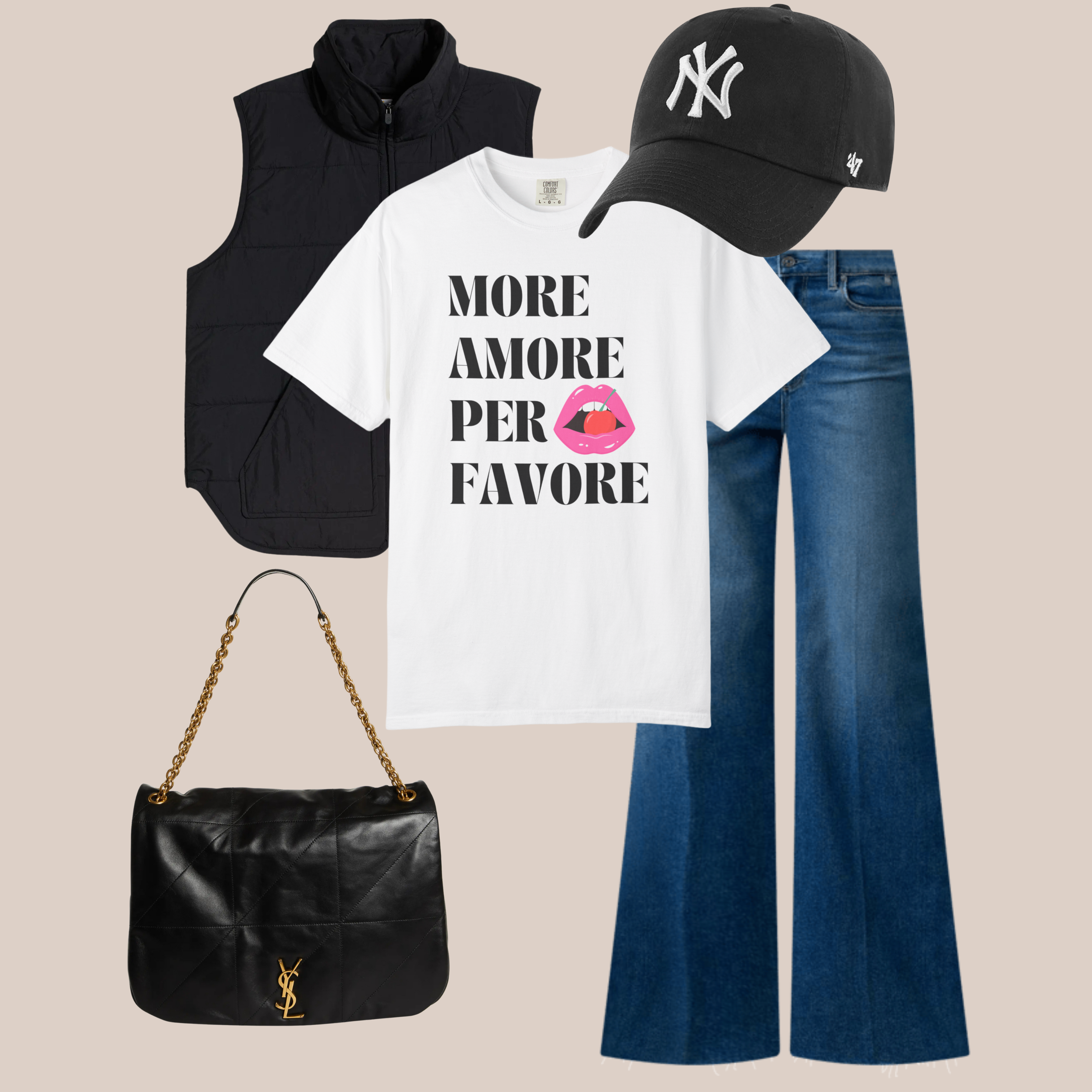White Comfort Colors tee with black “More Amore Per Favore” text and pink lips graphic, styled with wide-leg jeans, black vest, NY cap, and leather bag.