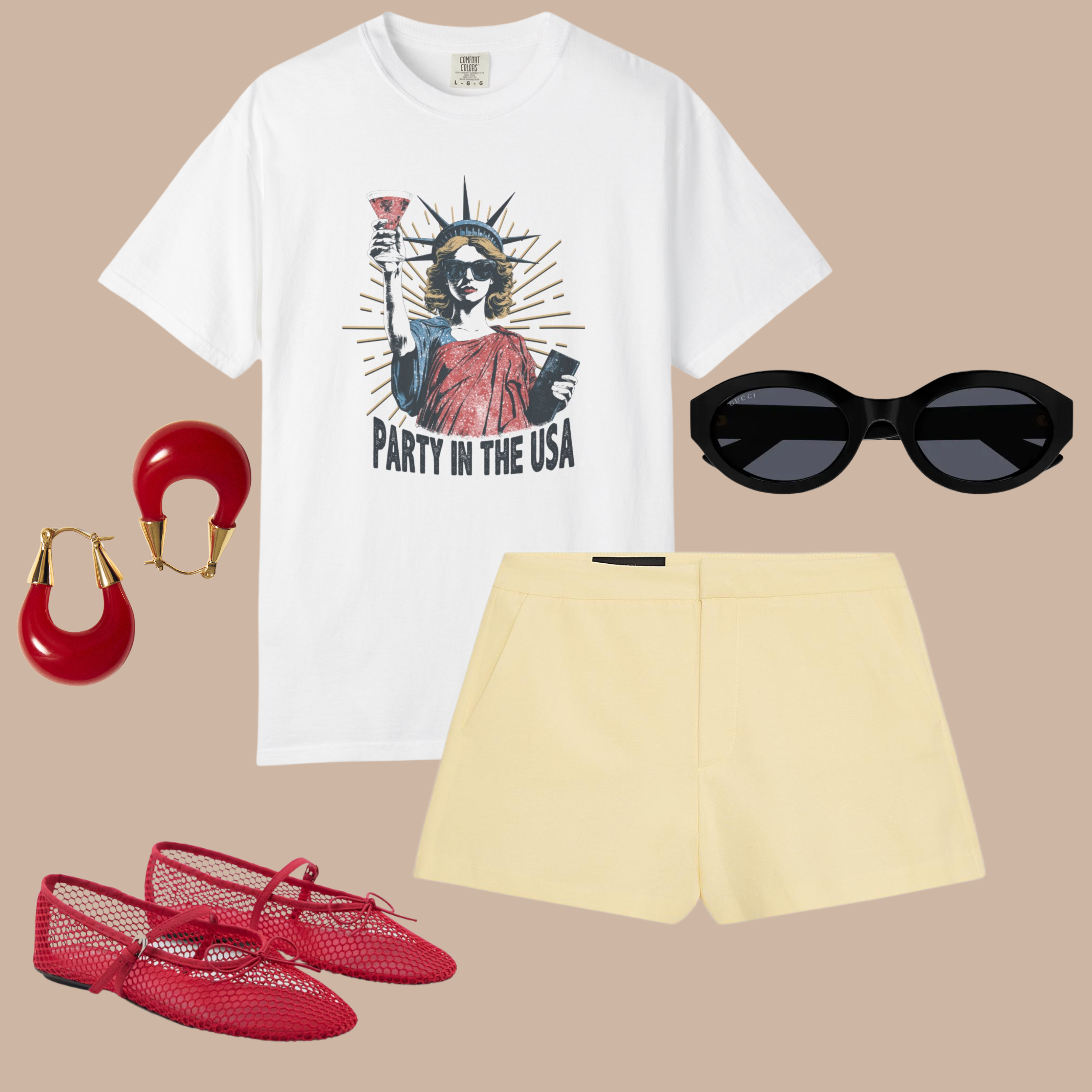 White t-shirt with Statue of Liberty holding a cocktail and credit card, styled with yellow shorts, red mesh flats, red earrings, and black sunglasses.

