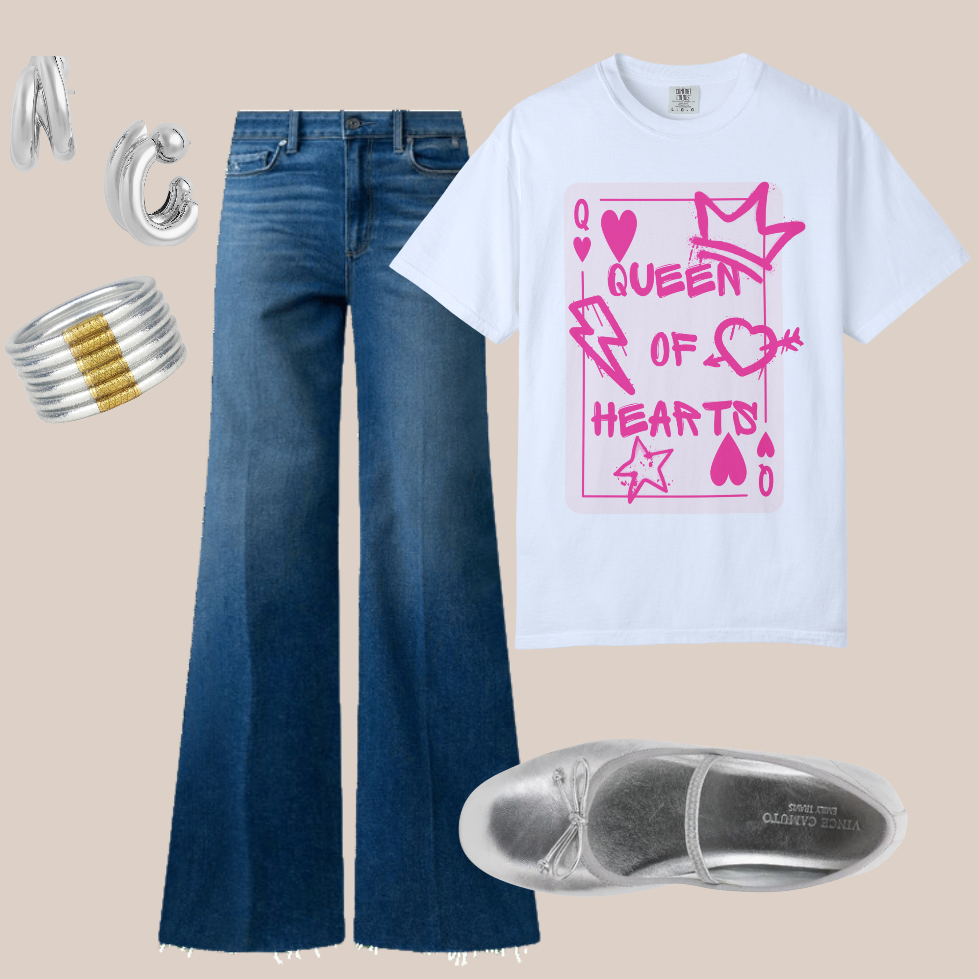 White Comfort Colors t-shirt with pink “Queen of Hearts” card-style graphic, styled with dark flare jeans, silver flats, and mixed silver jewelry.