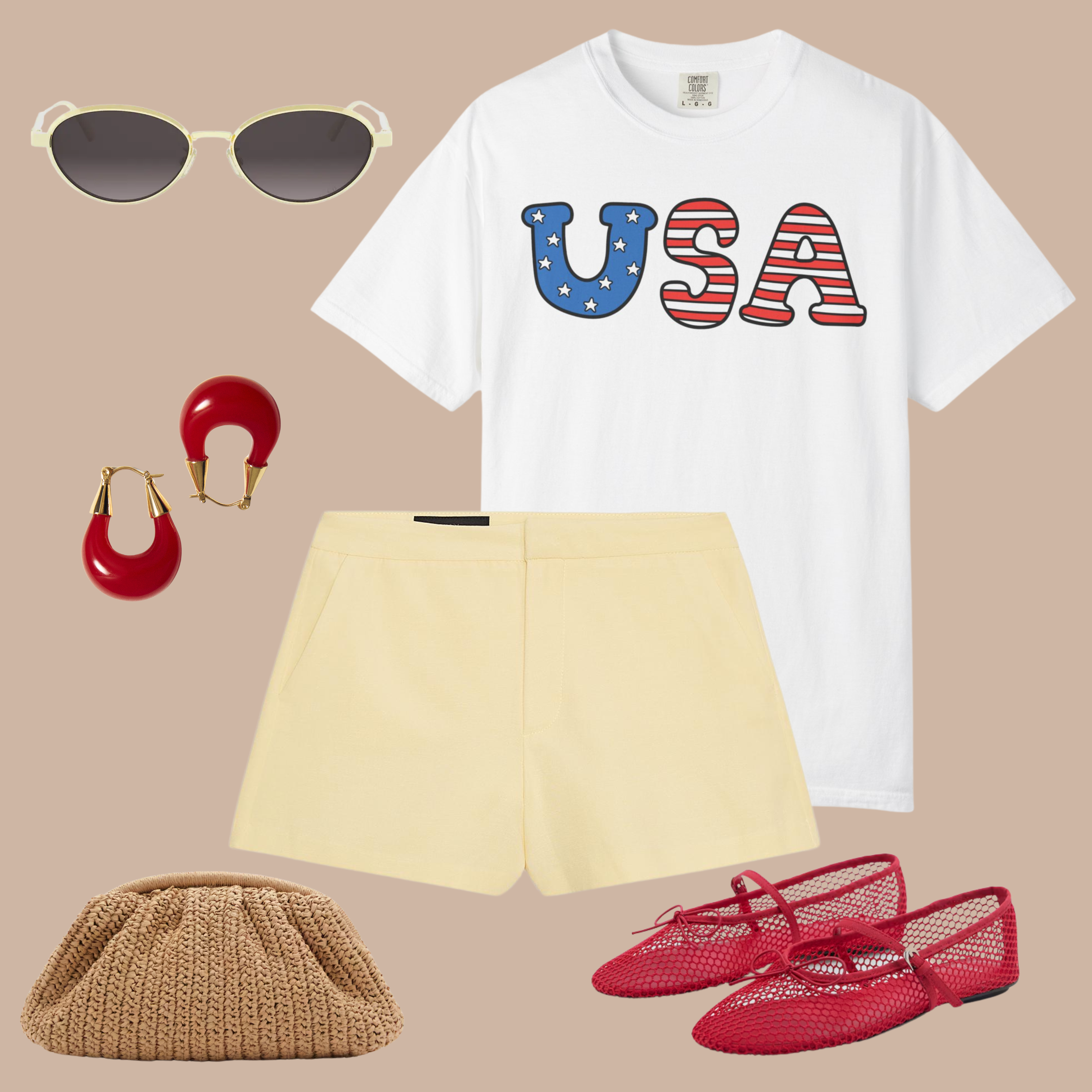 White Comfort Colors tee with bold “USA” letters in red, white, and blue stars and stripes, styled with cream shorts, red mesh flats, and summer accessories.