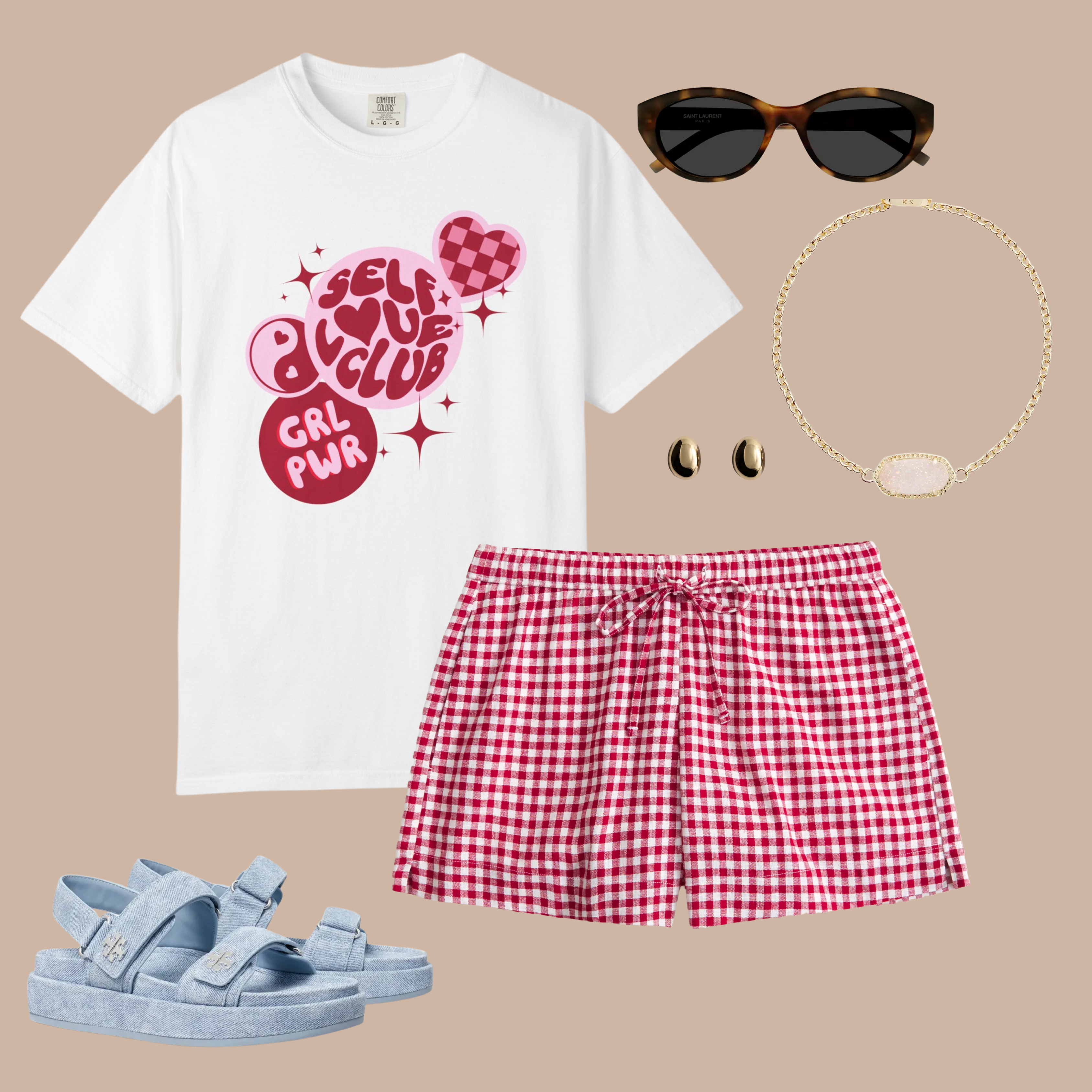 Self Love Club graphic tee styled with red gingham shorts, denim platform sandals, tortoiseshell sunglasses, gold hoop earrings, and a pink pendant necklace.