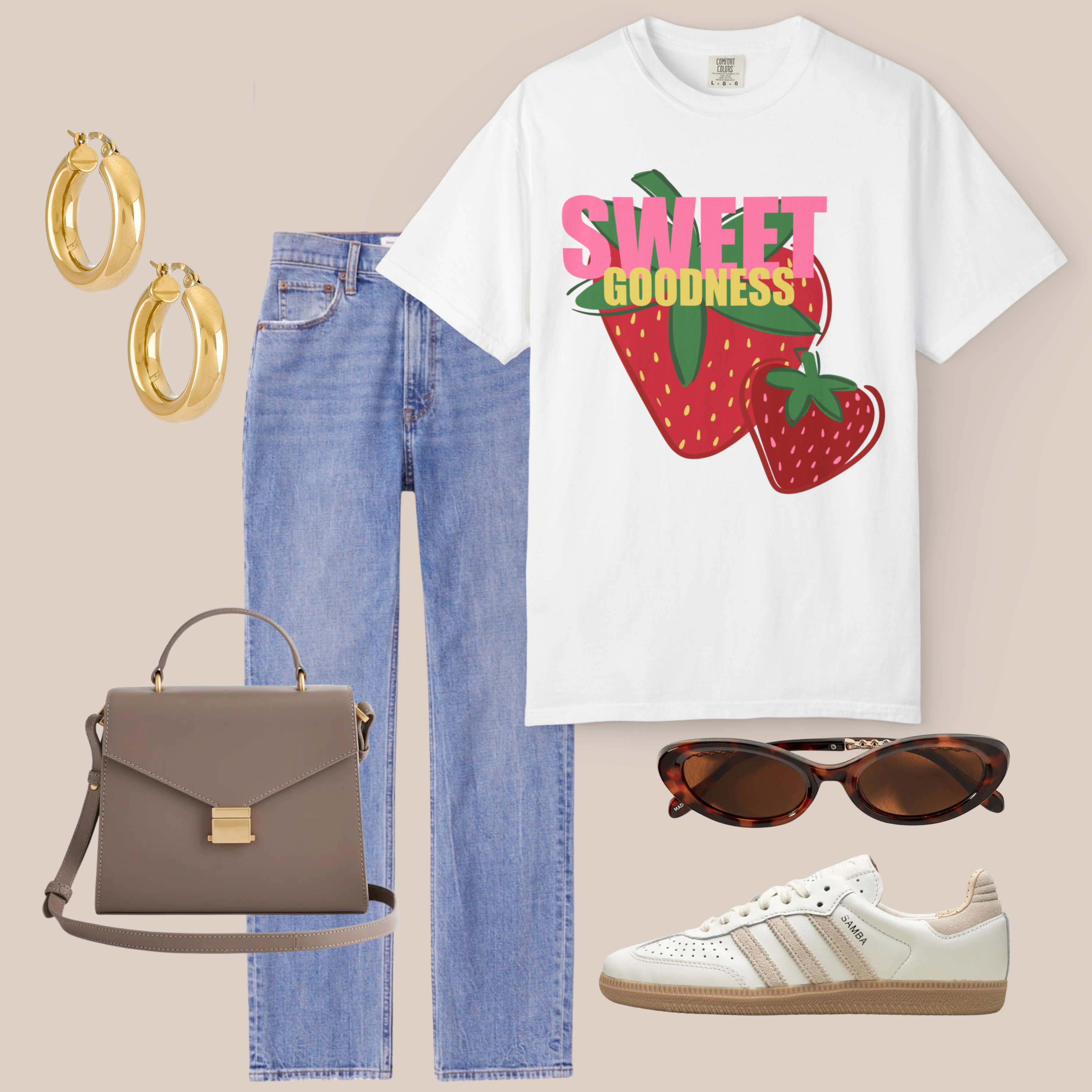 White Comfort Colors t-shirt with bold red strawberry graphic and “Sweet Goodness” text, styled with light-wash jeans, gold hoops, and neutral sneakers.