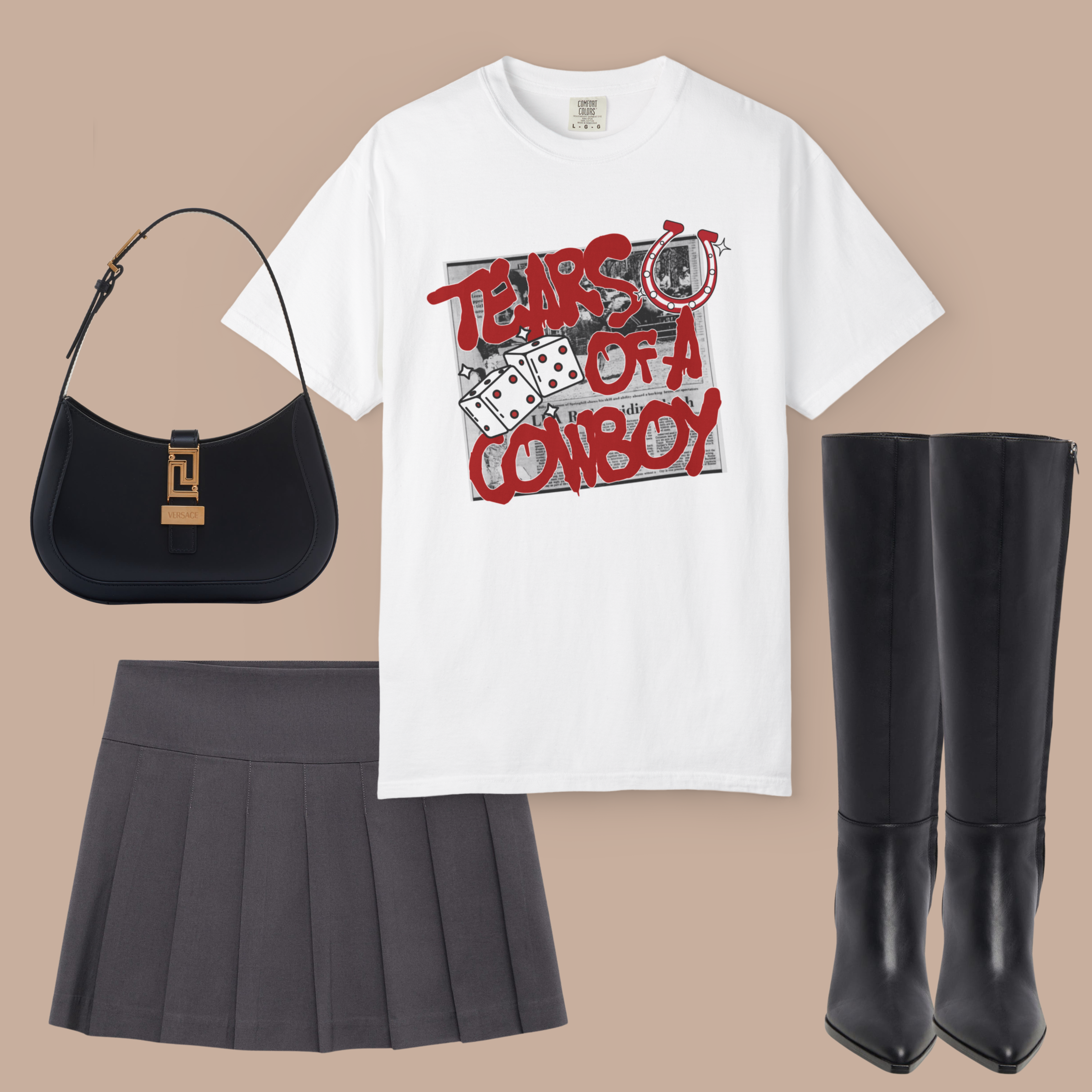 White Comfort Colors t-shirt with red “Tears of a Cowboy” graffiti-style text and Western graphics, styled with a black mini skirt and knee-high boots.