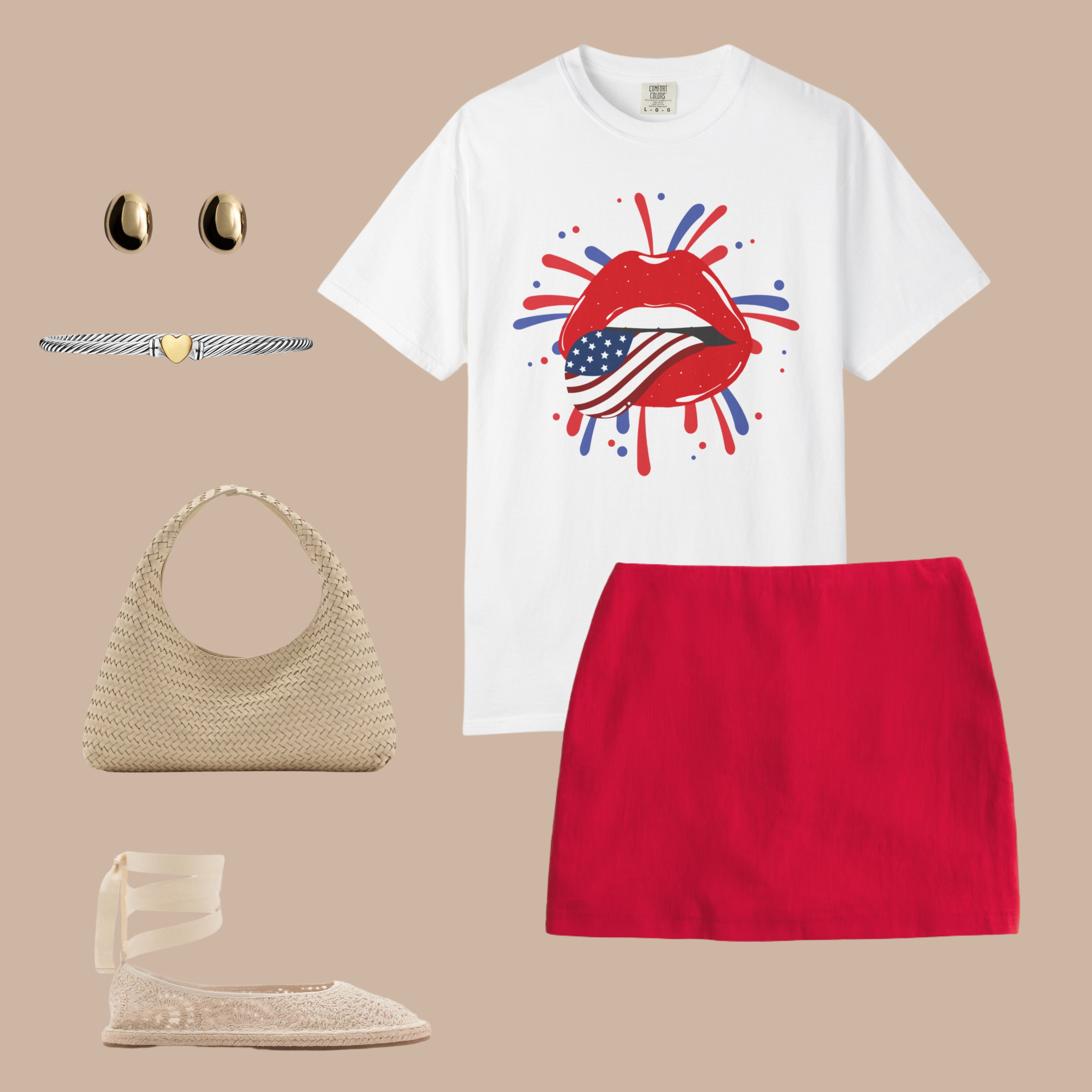 White Comfort Colors t-shirt with red lips and USA flag tongue graphic, styled with a red mini skirt, woven bag, espadrilles, and gold earrings.