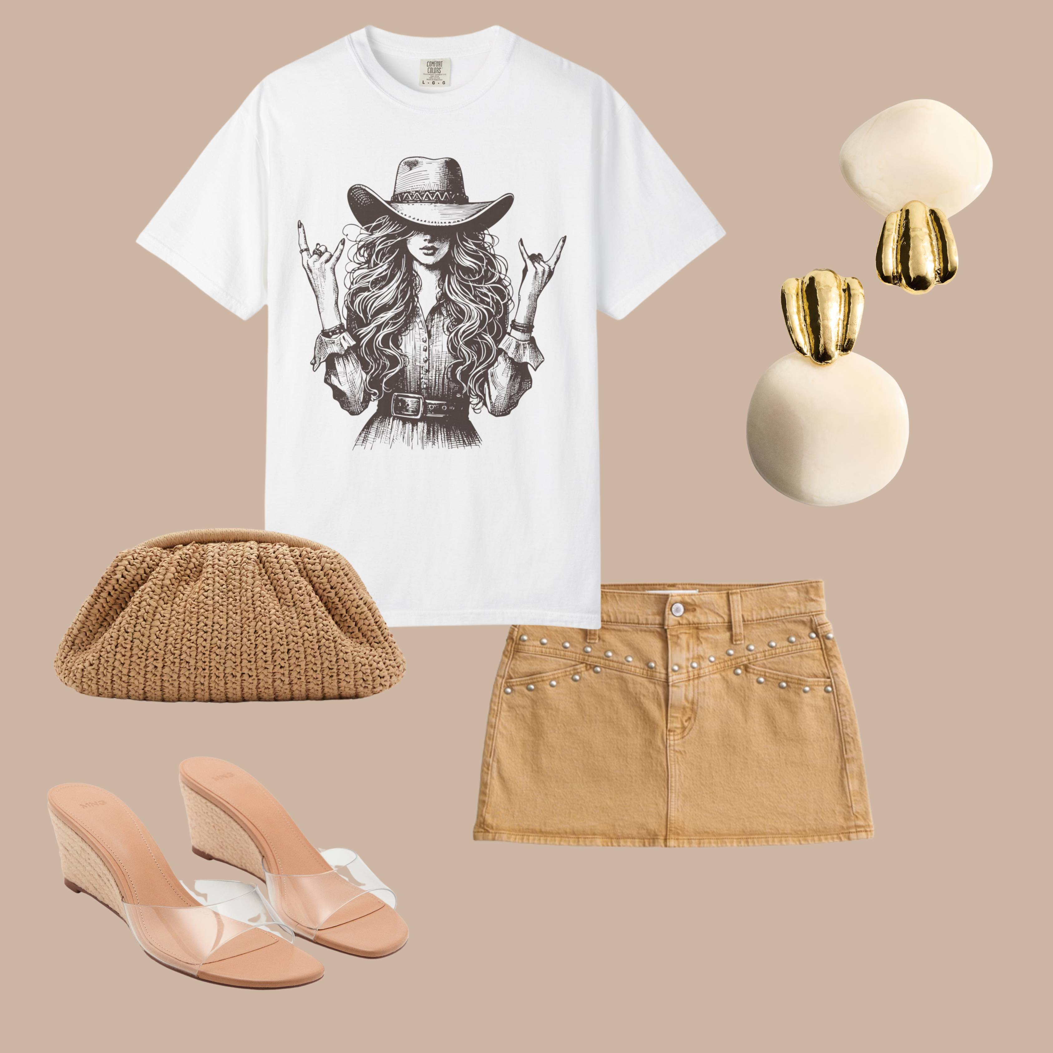 Western cowgirl graphic tee styled with tan mini skirt, pearl-studded details, neutral wedge heels, woven clutch, and chunky cream-and-gold earrings.