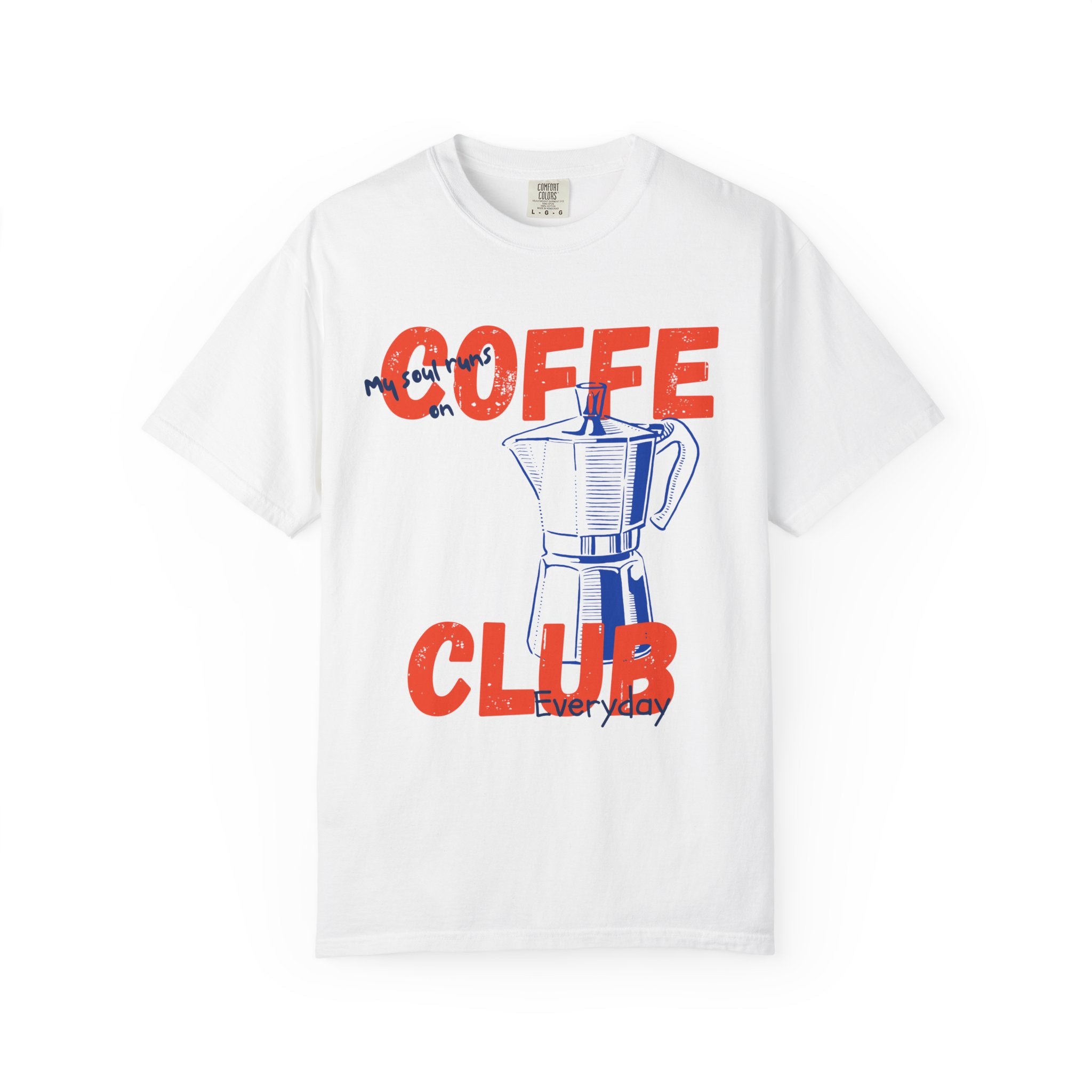 Coffee Club graphic t-shirt with red text, moka pot illustration, and coffee lover quote on ivory Comfort Colors tee.