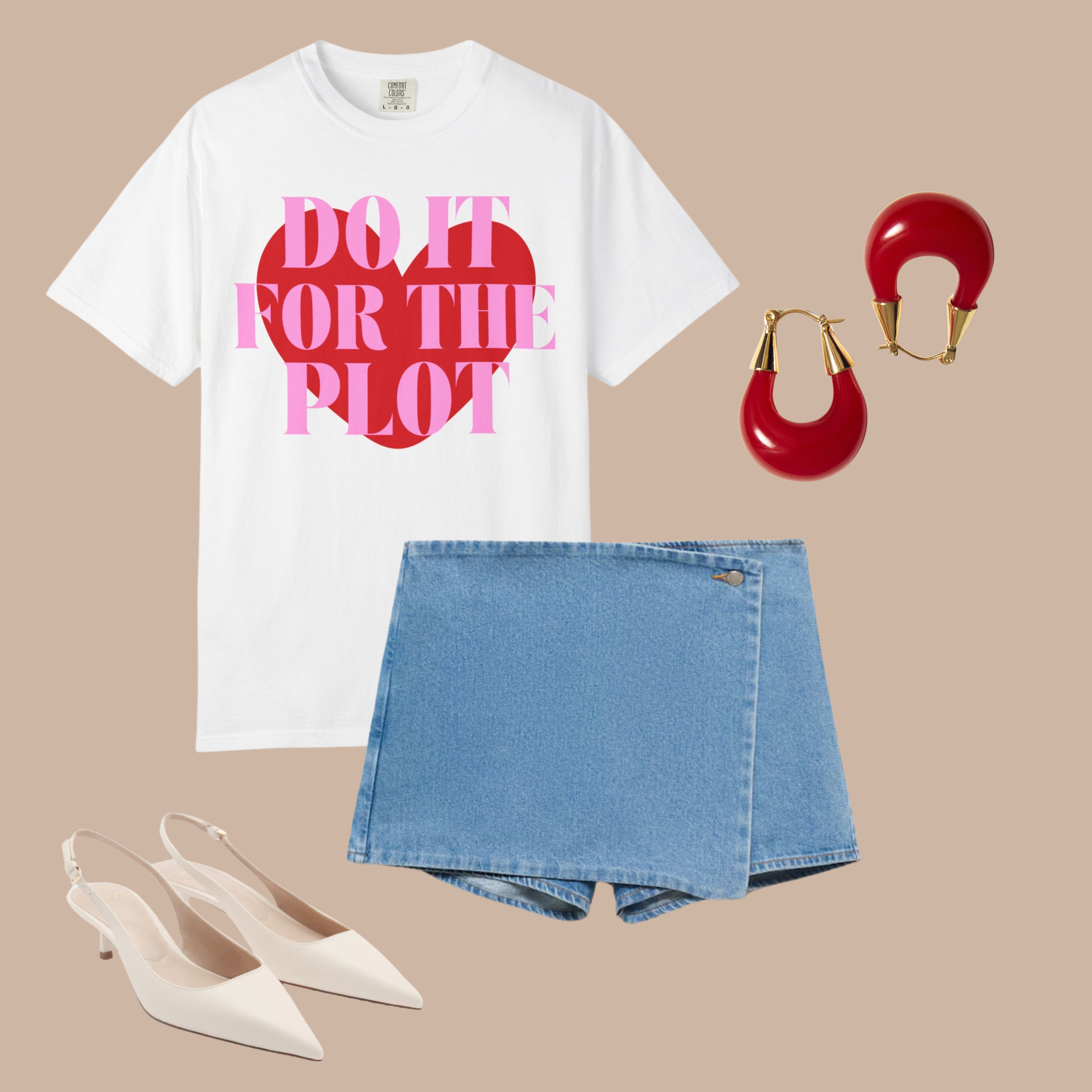 White Comfort Colors tee with bold pink and red heart that says “Do It for the Plot,” styled with denim mini skort, red earrings, and pointed heels.