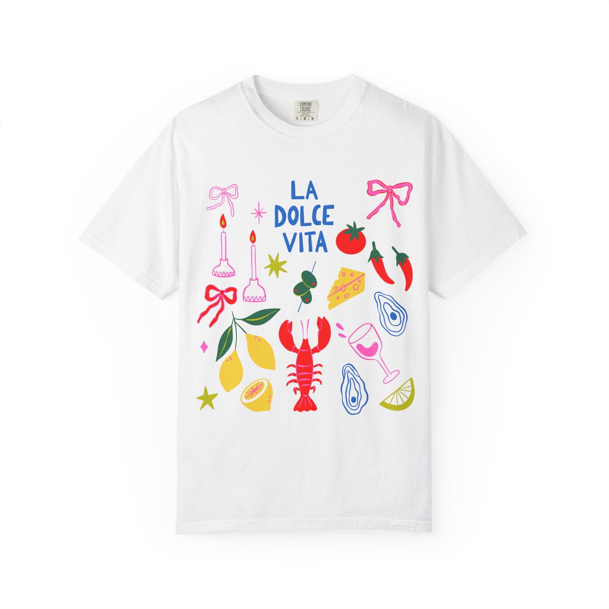 La Dolce Vita graphic t-shirt with colorful Italian food illustrations including lemons, lobster, cheese, oysters, wine, and pink bows.