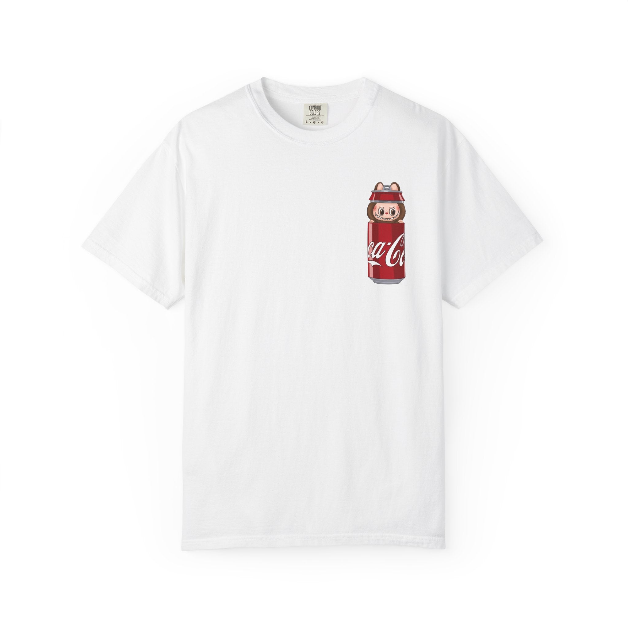 Labubu Soda Can graphic t-shirt folded in white with cute cartoon character peeking out of a red soda can on Comfort Colors tee.