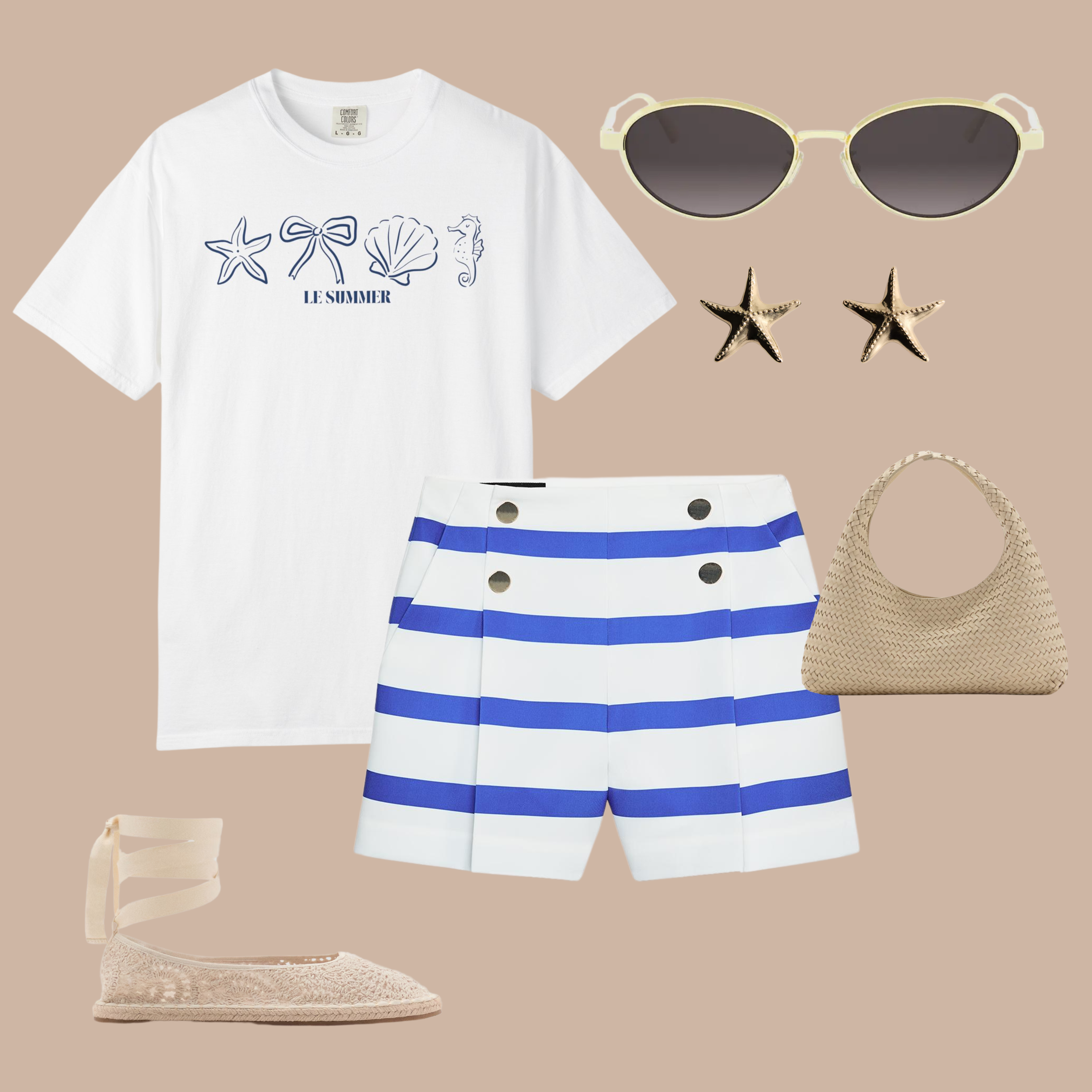 White Comfort Colors t-shirt with blue minimalist starfish, bow, shell, and seahorse graphics and “Le Summer” text, styled with nautical shorts and espadrilles.