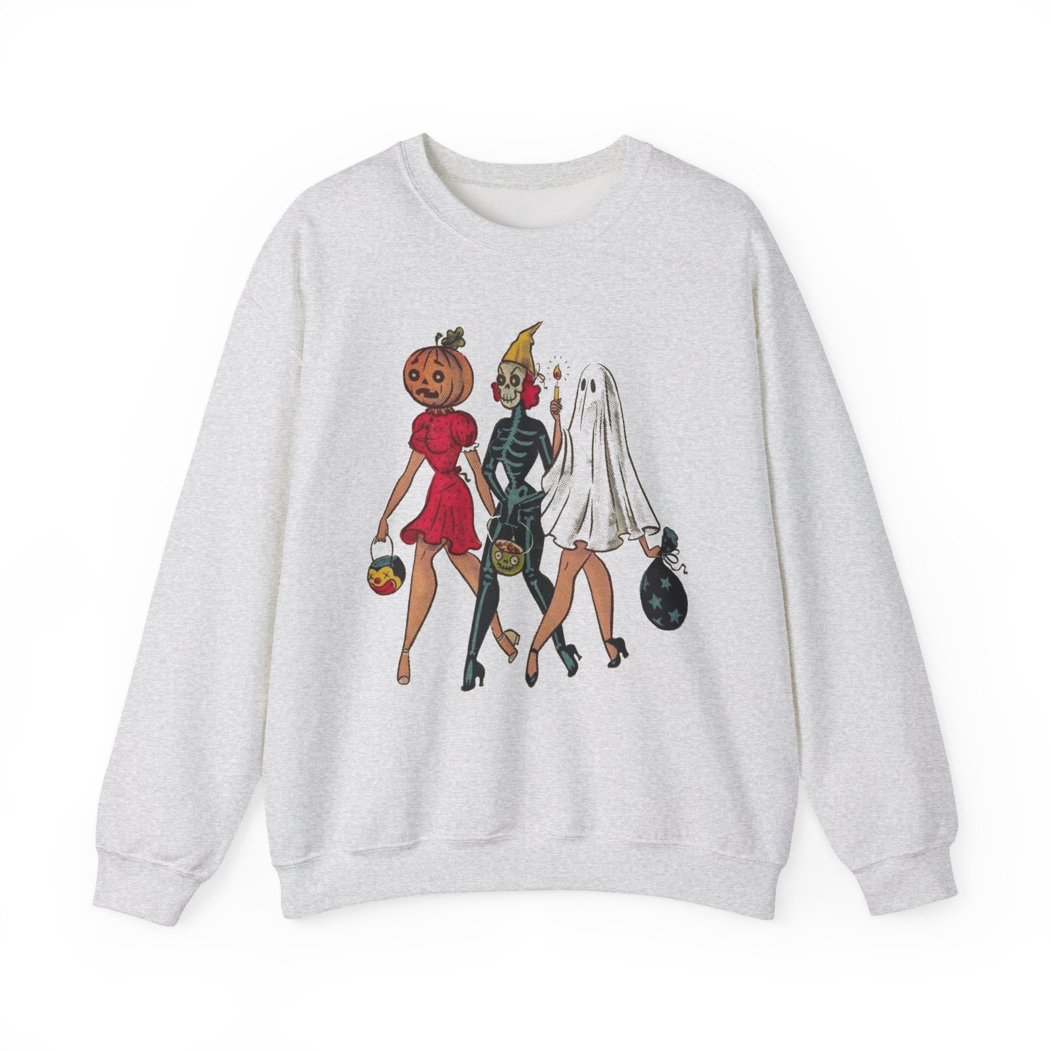 Gray sweatshirt with Halloween-themed graphic of a pumpkin, skeleton, and ghost on a white background